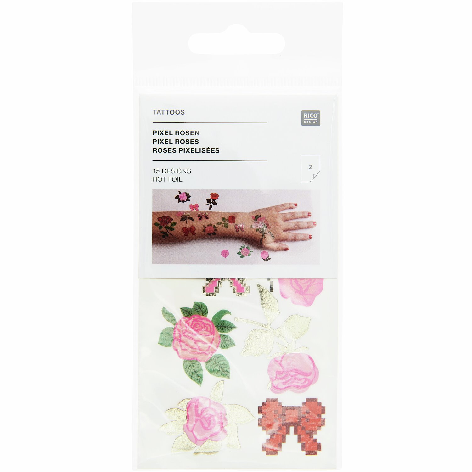 Tattoos Pixel Rosen: 15-teiliges Set mit rosa Rosenmotiven und Pixel-Designs von Rico Design.