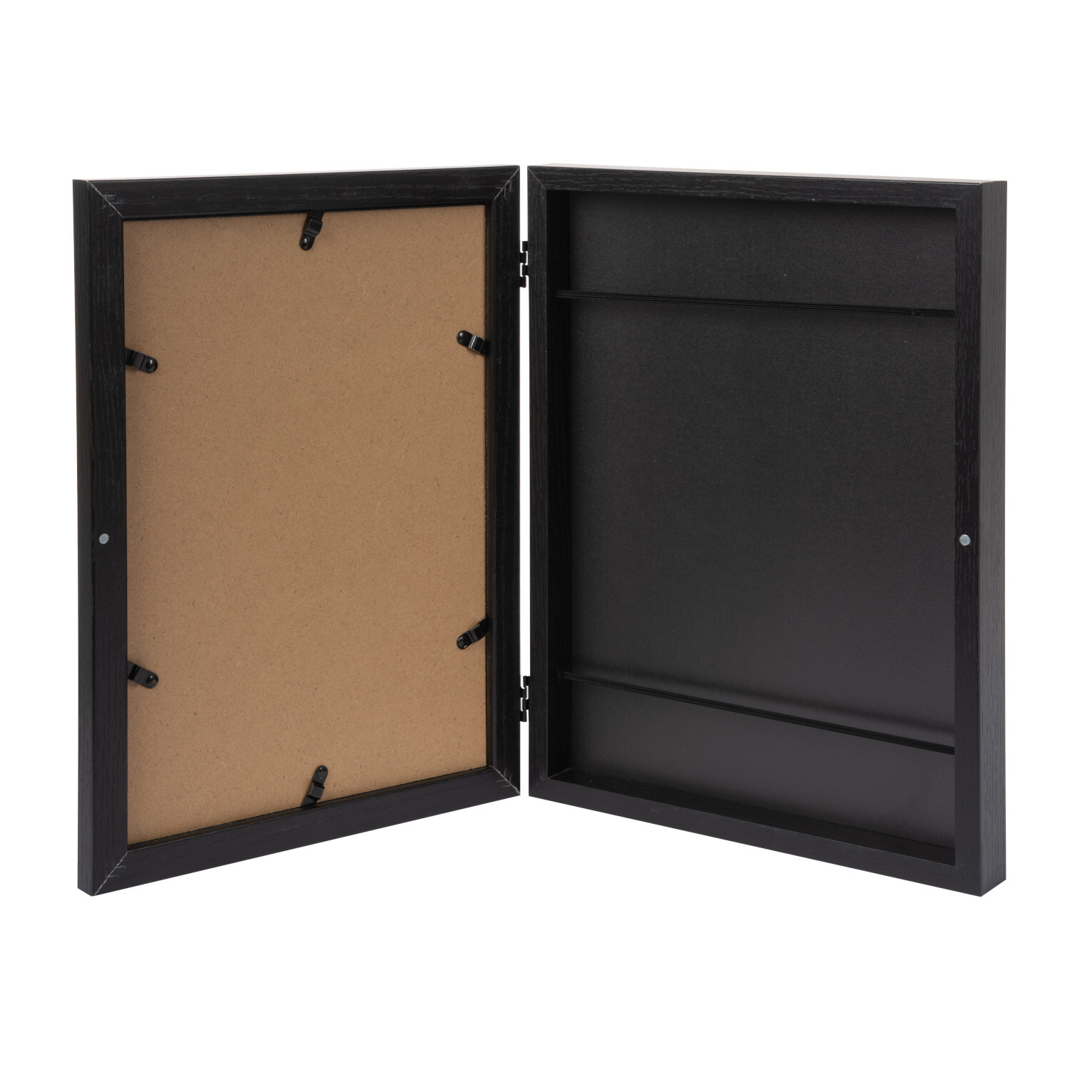 Kunst-Bilderrahmen, schwarz, 24,8x33,5x4,5cm, geöffnet, zeigt Innenansicht mit Halterungen.