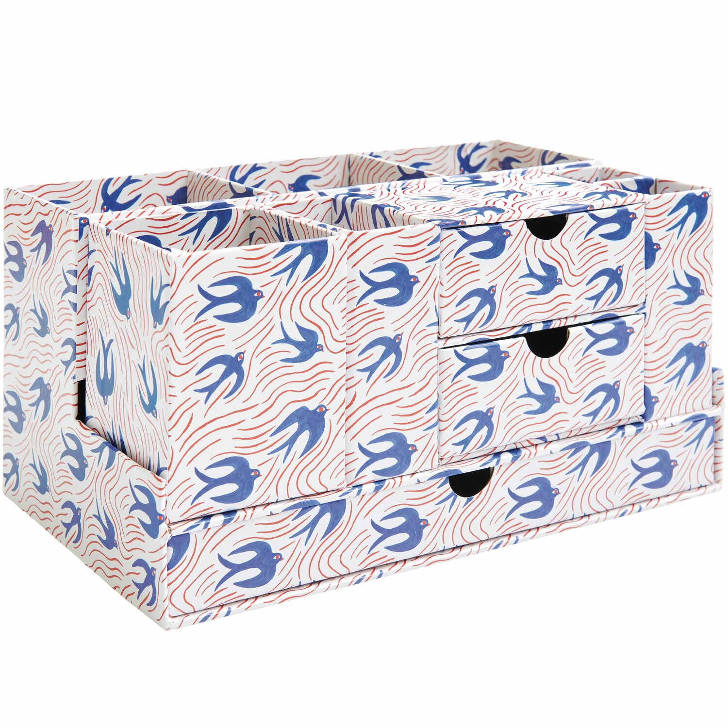 Office Box Midsommar Magic Schwalben mit blauem Schwalbenmuster, 26x12,9x14,9cm, ideal für stilvolle Organisation im Büro.