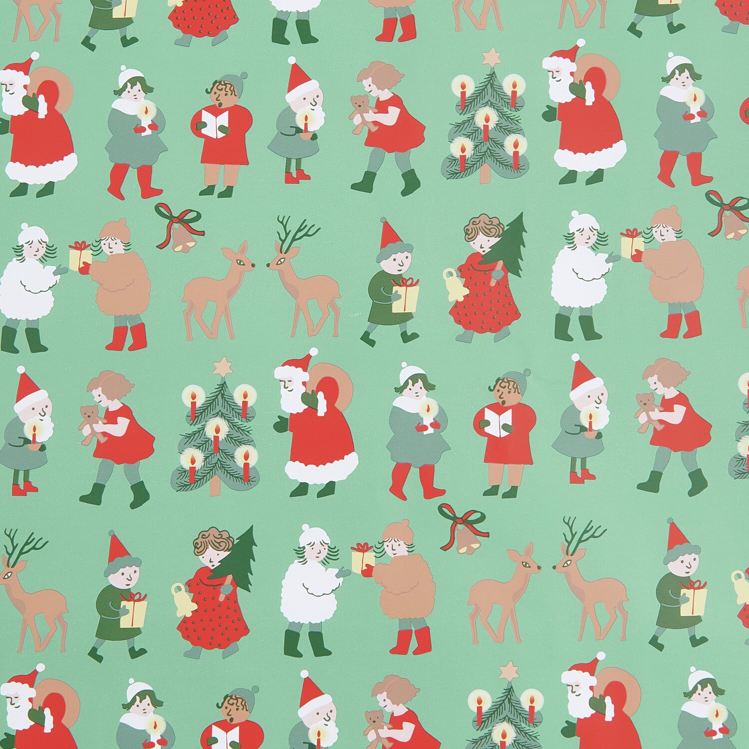 Paper Poetry Geschenkpapier mit Weihnachtsfiguren auf grünem Hintergrund, ideal für festliche Anlässe.