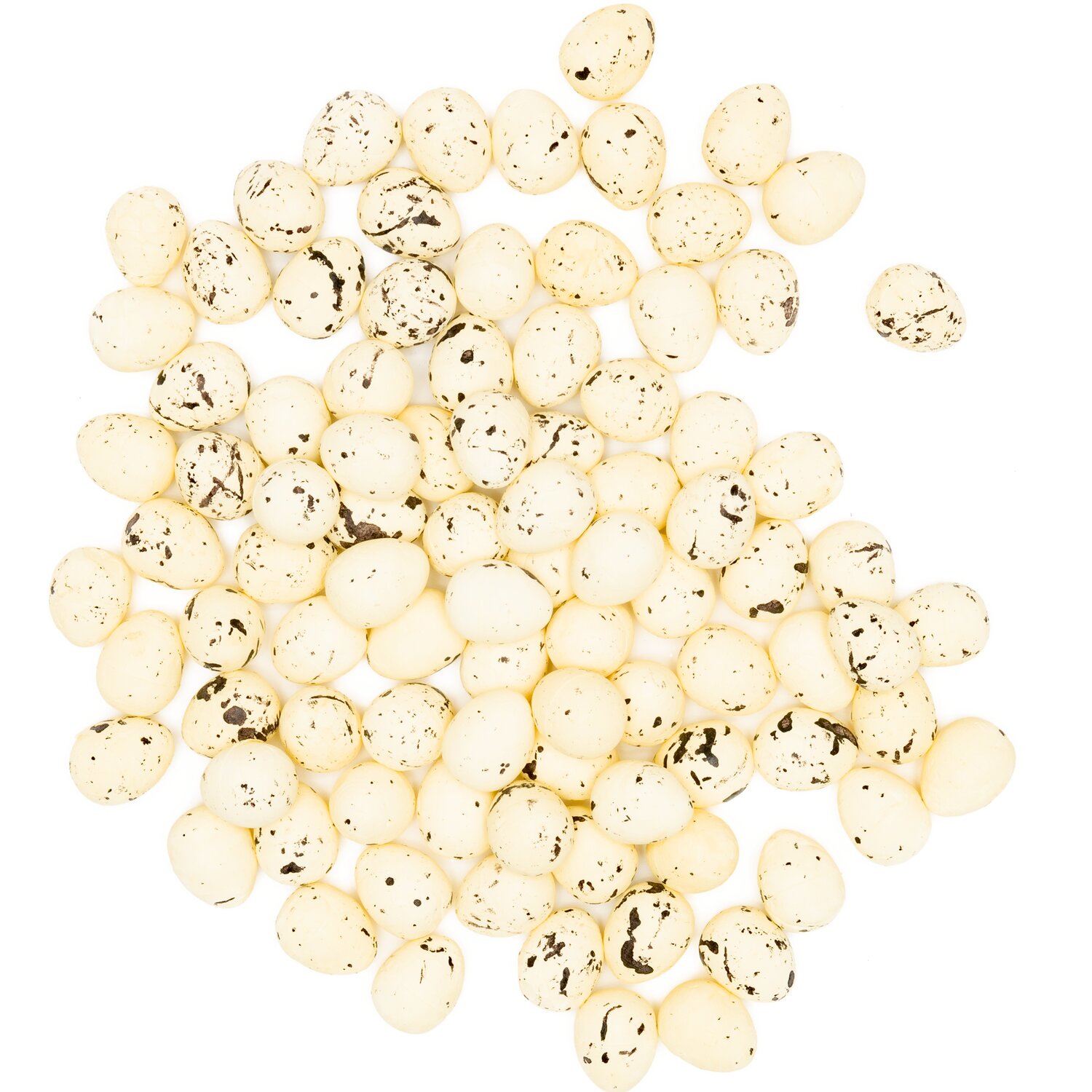 Eier aus Polyschaum creme-schwarz, 100 Stück, 1,5x1,8cm, dekorativ verteilt auf weißem Hintergrund.