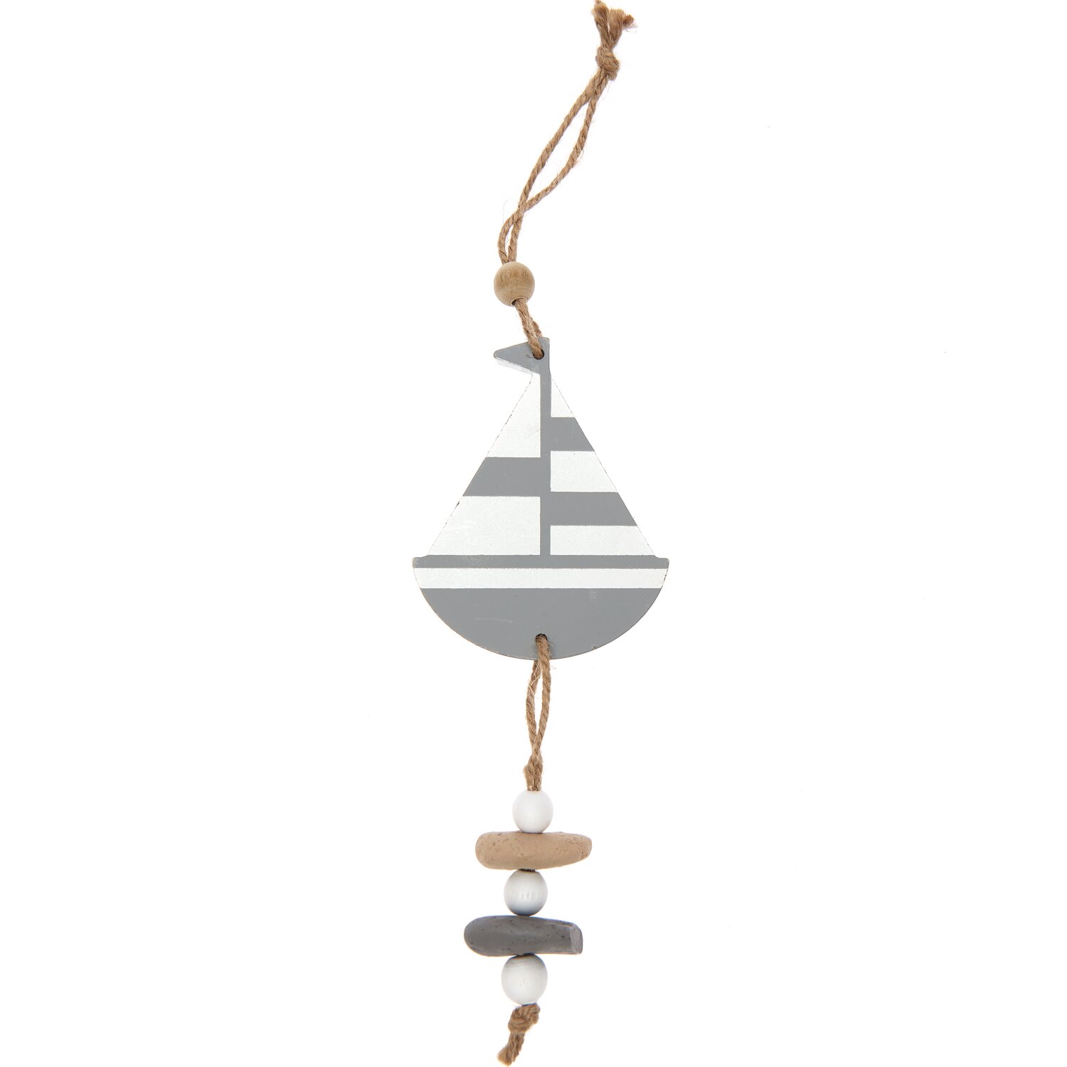 Holzhänger Segelboot grau-weiß 37cm: Dekorativer Anhänger in Grau-Weiß mit Segelboot-Motiv und Holzperlen. Ideal für maritimes Ambiente.