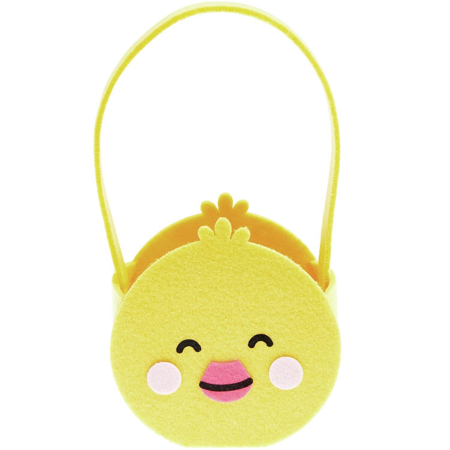 Filz-Korb Küken Gelb: Niedlicher gelber Filzkorb in Kükenform mit fröhlichem Gesicht, ideal für Ostern. Maße: 20x10,5x6,5cm.