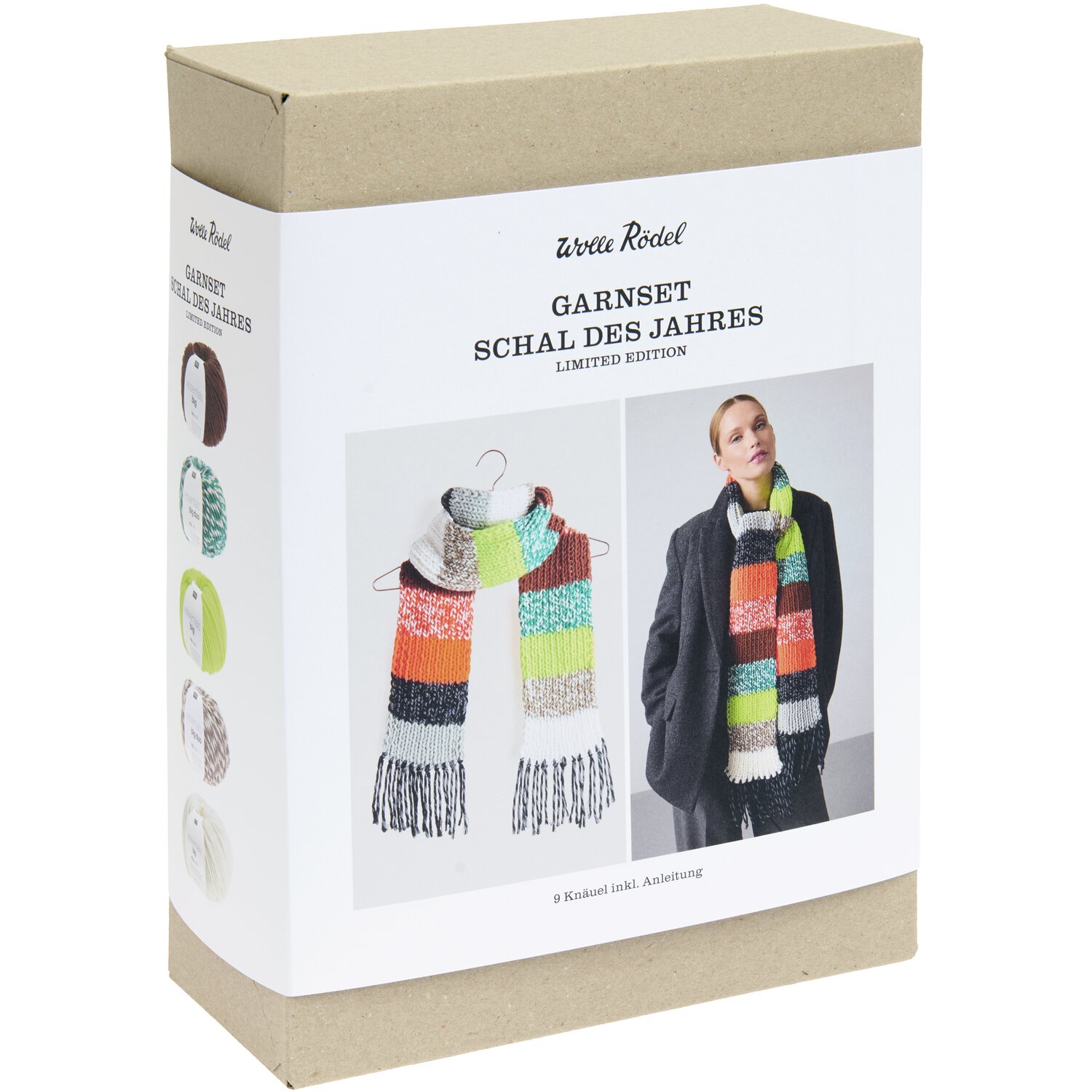 Garnset „Schal des Jahres“ von Wolle Rödel in Orange. Strickset mit buntem Schal auf Verpackung.