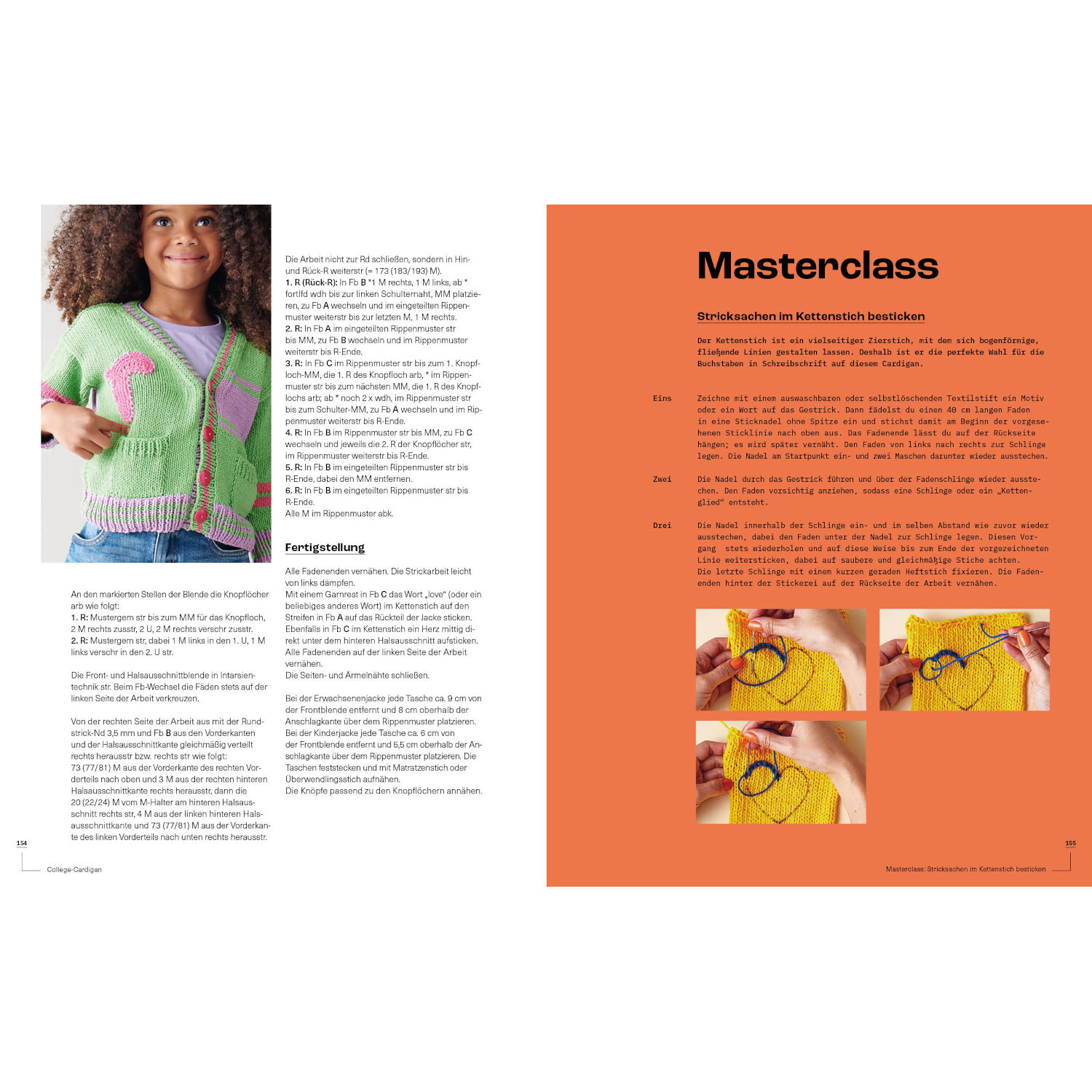 Tom Daley- Stricken with Love: Anleitung für Stricktechniken mit buntem Pullover und Schritt-für-Schritt-Bildern auf orangefarbenem Hintergrund.