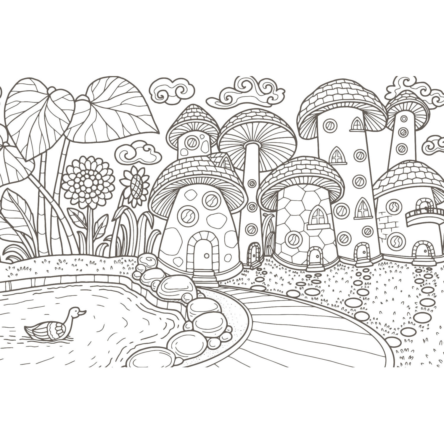 Colorful Mandala - Traumreise: Schwarz-weißes Märchenbild mit Pilzhäusern und Teich.