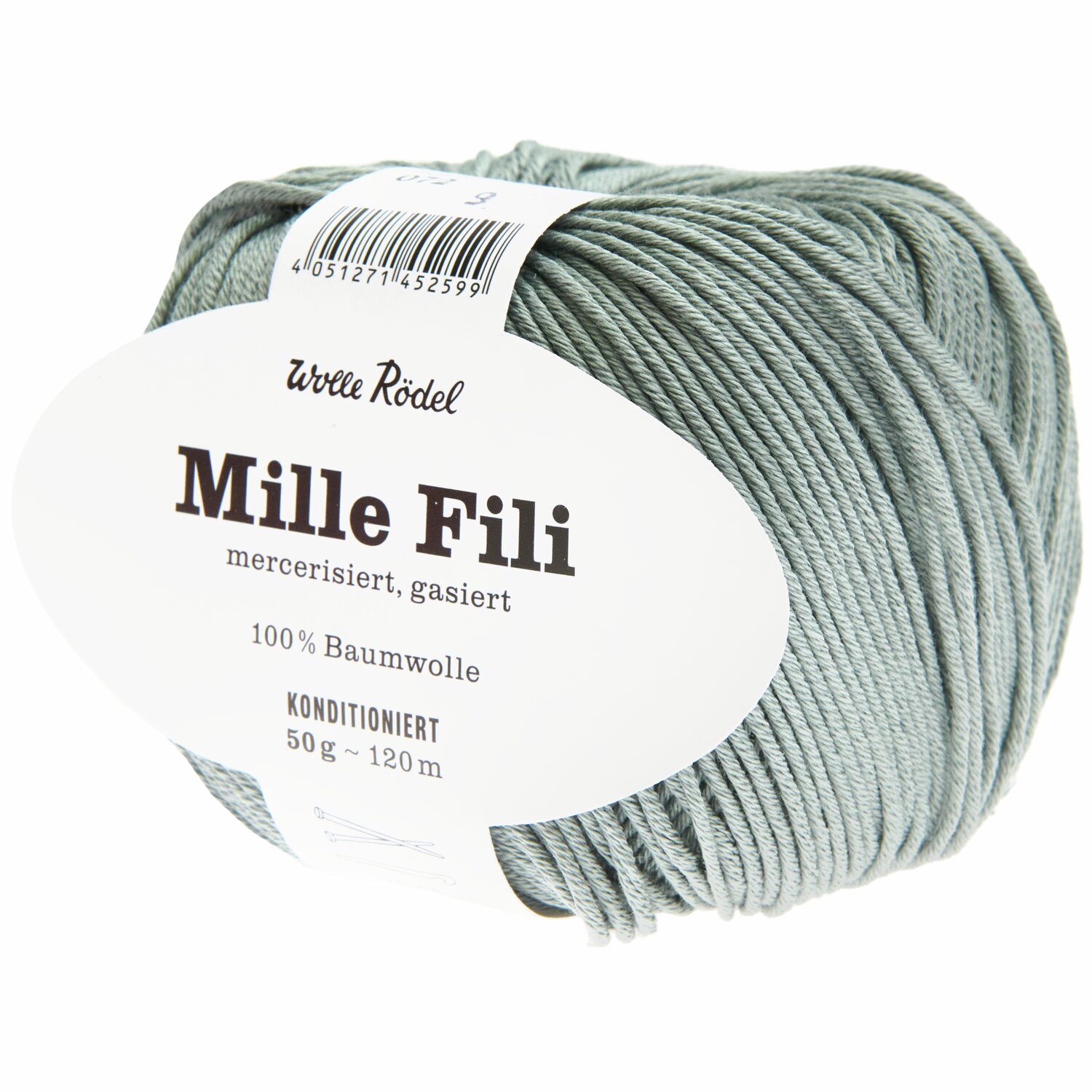 Mille Fili 50g 120m Farbe Salbei von idee. Creativmarkt Mille Fili Strickset Jacke Modell 18 zeigt ein Knäuel aus 100% Baumwolle in Salbei von Wolle Rödel.