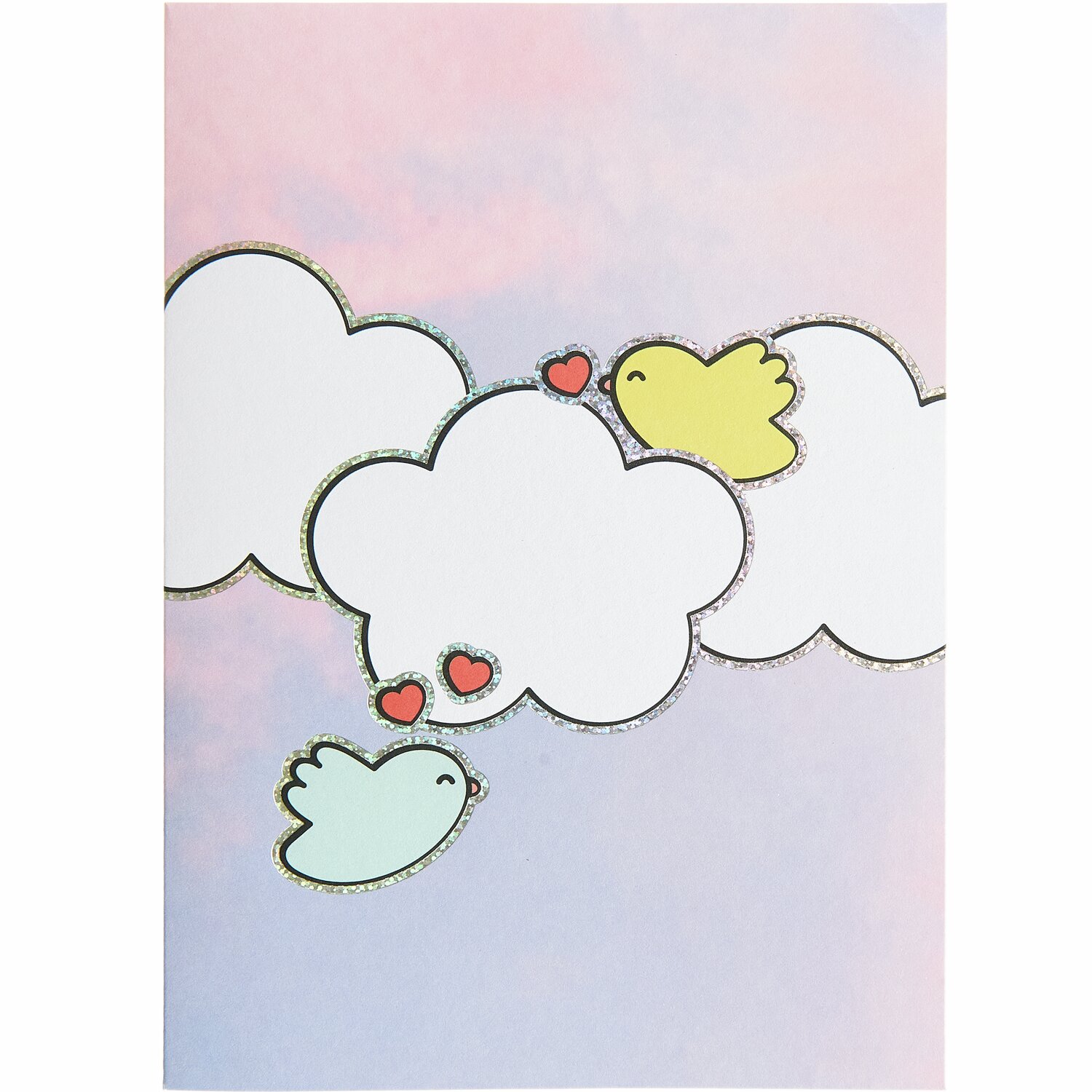 Paper Poetry 3D-Kartenset Chingu mit Wolken und Vögeln auf pastellfarbenem Hintergrund.