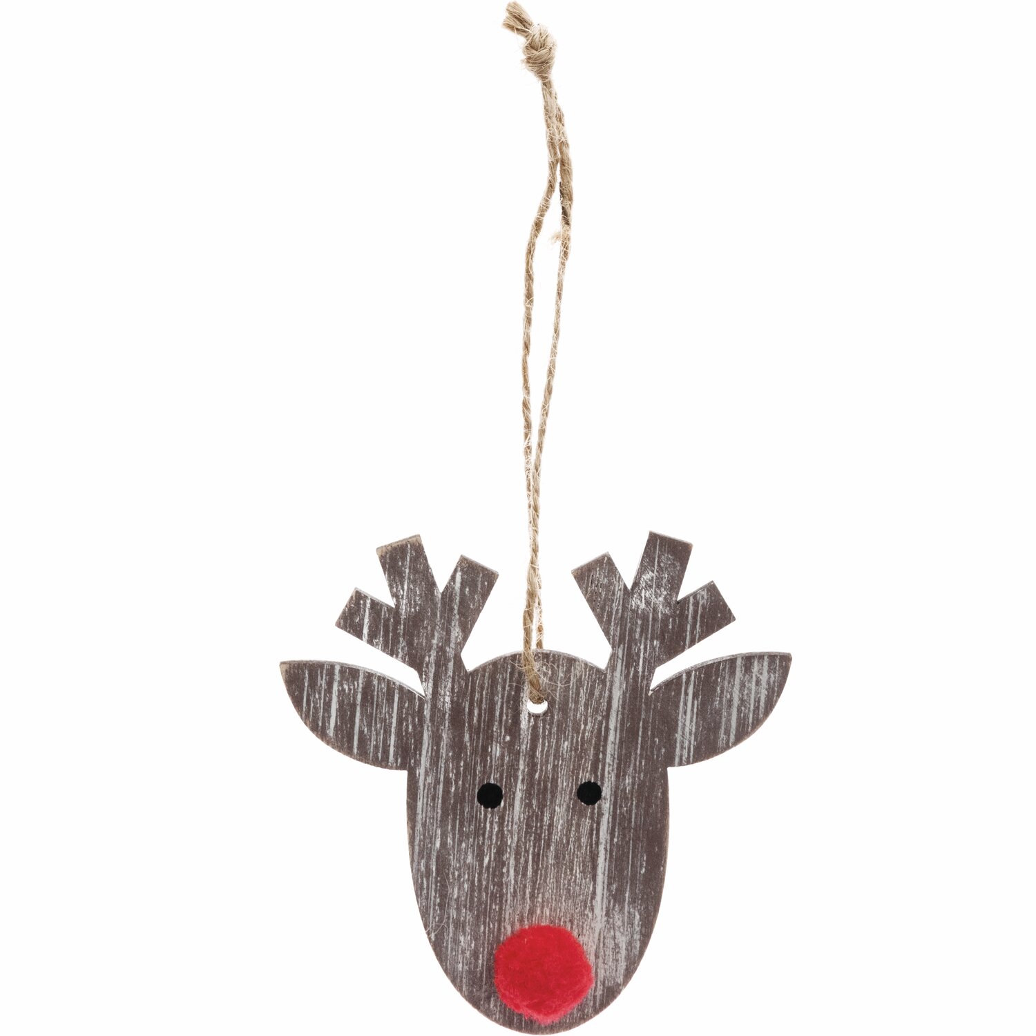 Holzhänger Rentier 8x8cm im Shabby Chic-Stil mit roter Nase und rustikalem Seil zum Aufhängen. Ideal für weihnachtliche Dekorationen.