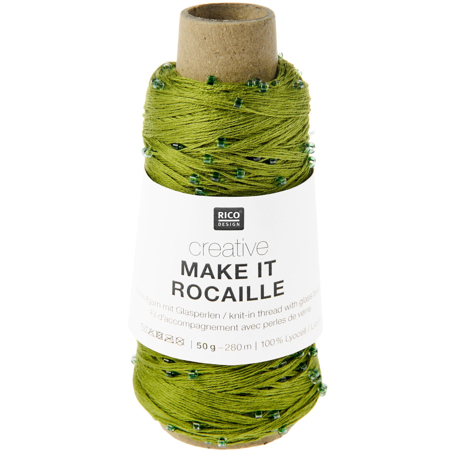 Creative Make It Rocaille, feines Strickgarn von Rico Design in lebhaftem Grünton, 50g 280m, Dekokegel mit zart eingearbeiteten schimmernden Perlen