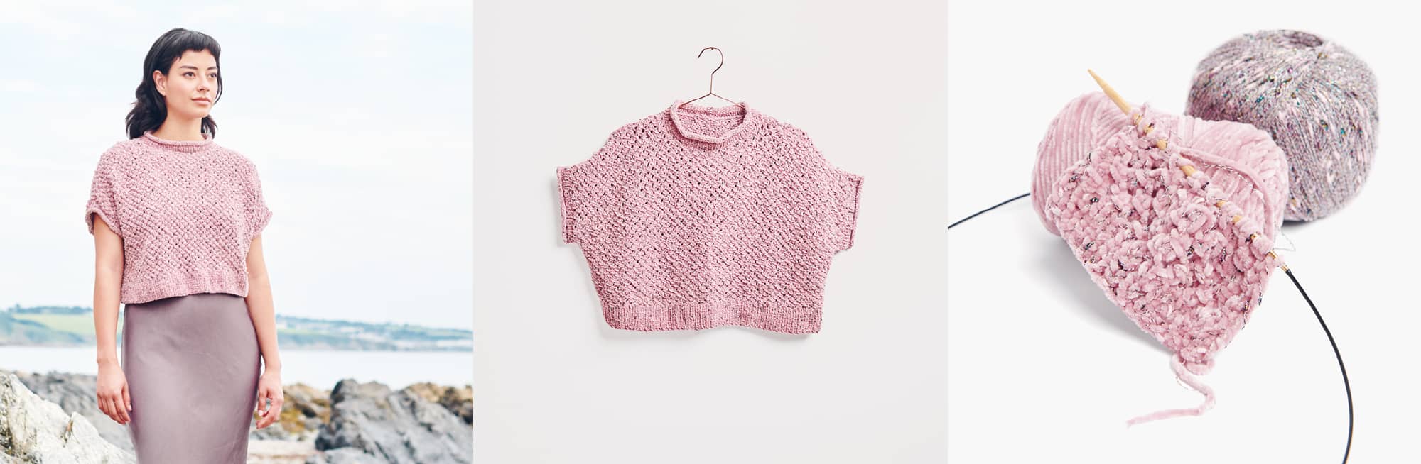 Gestricktes Shirt Modell 24 aus Lovewool No. 20 getragen am Model und auf einem Bügel. Daneben Wollknäuel in Rösatönen und Strickstück.