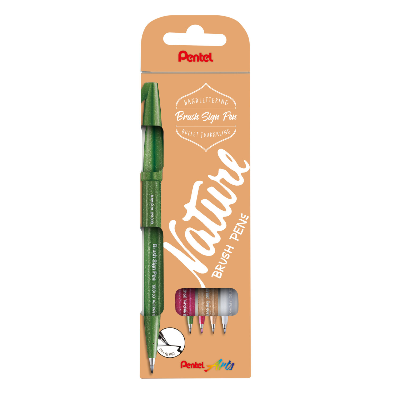 Kalligrafiestift Brush Sign Pen Set Nature, 4-teilig von Pentel, in Verpackung mit grünen und bunten Stiften, ideal für Handlettering.