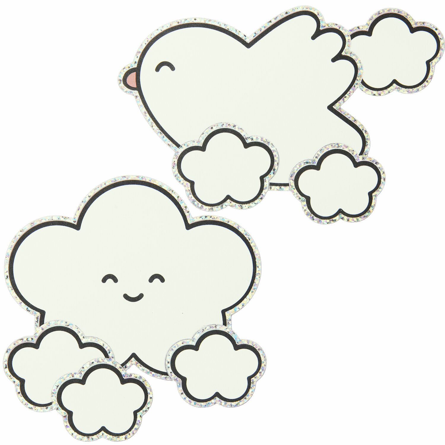 Paper Poetry Clip-Ons Chingu Wolken/Herzen Weiß, 8-teilig. Niedliche Wolken- und Vogelmotive mit glitzernden Rändern auf weißem Hintergrund.