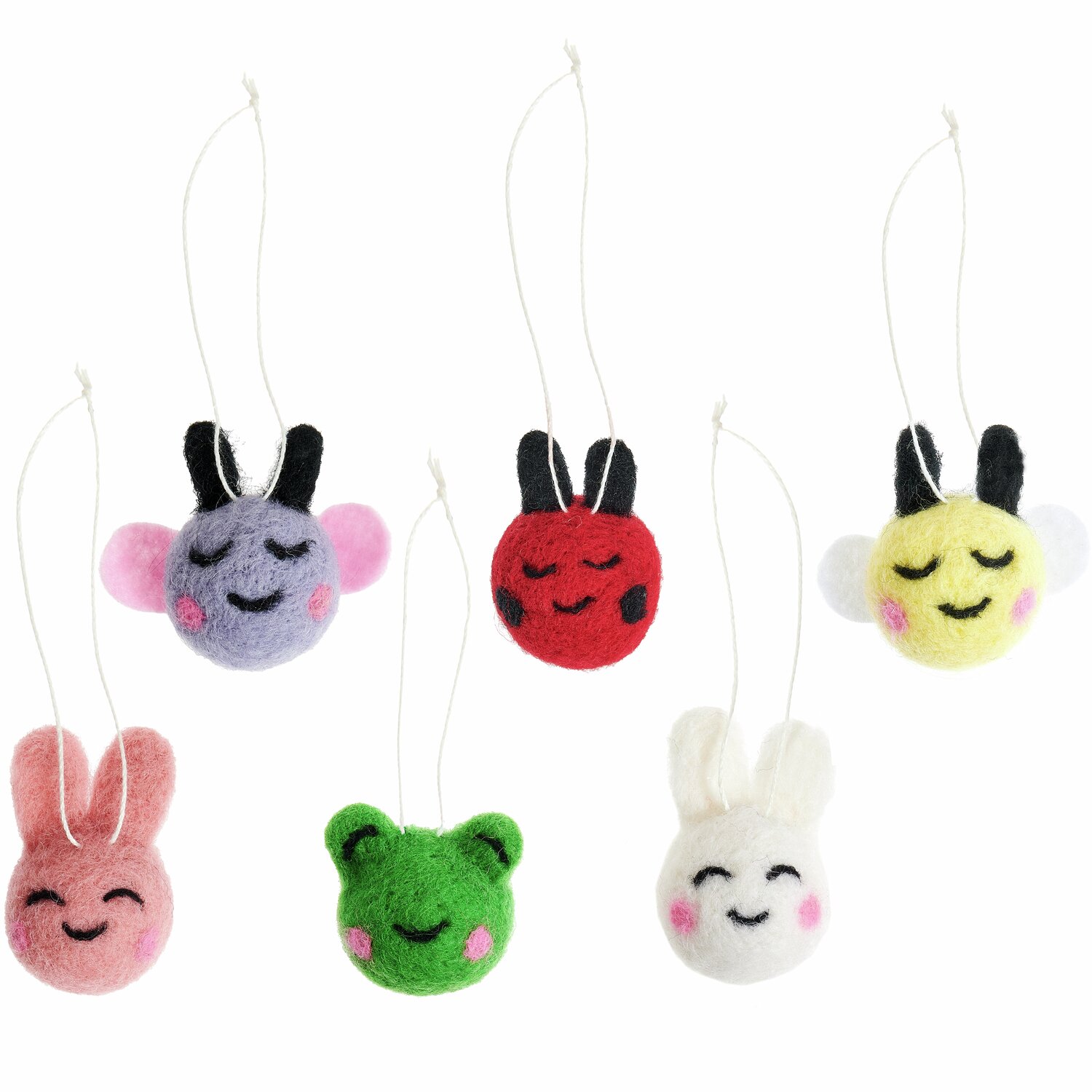 Aufhänger Filz-Köpfe 3D Bunt, 6-teilig: Sechs farbenfrohe Filzfiguren mit fröhlichen Gesichtern, ideal für Dekorationen.