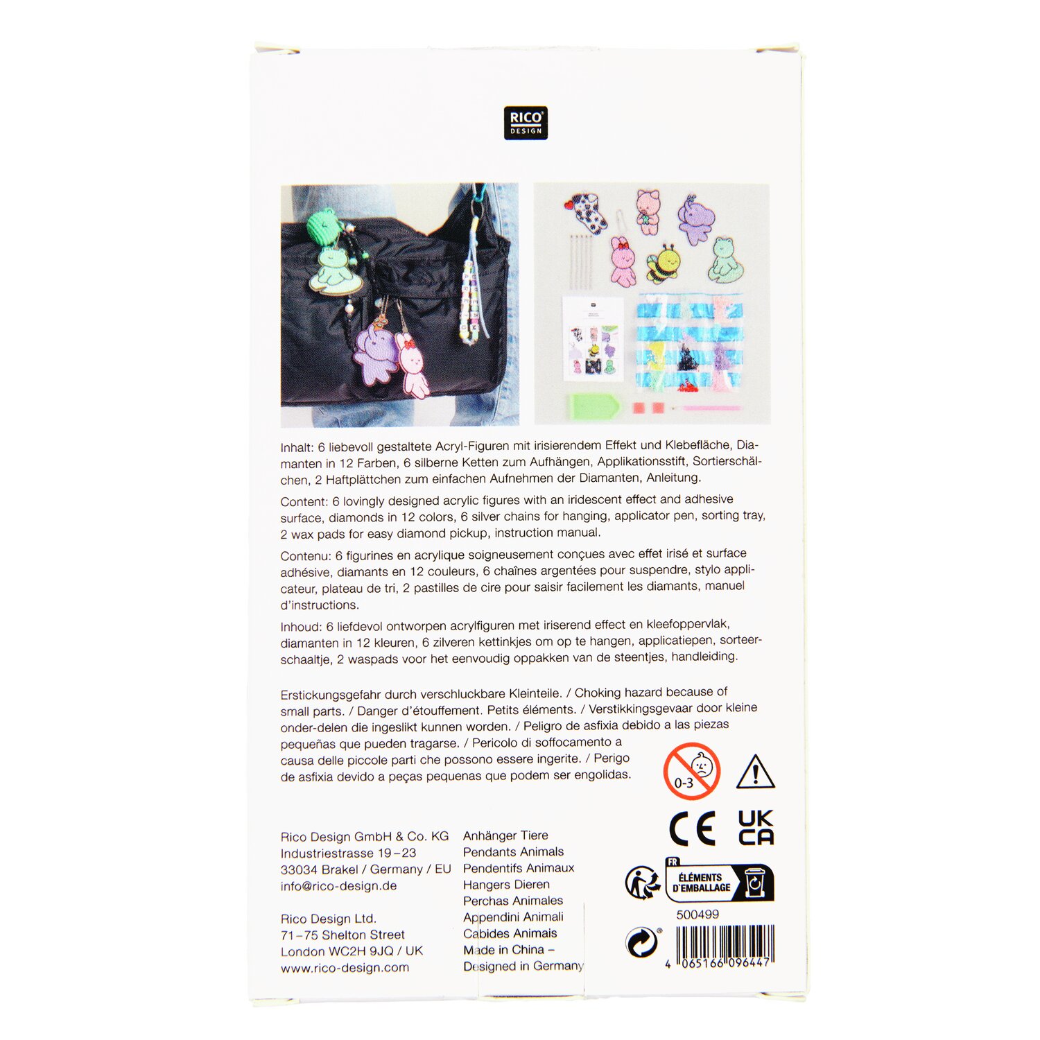 Diamond Painting Aufhänger Tiere, 29-teilig. Rückseite der Verpackung mit Produktinformationen und Abbildungen der enthaltenen Anhänger.