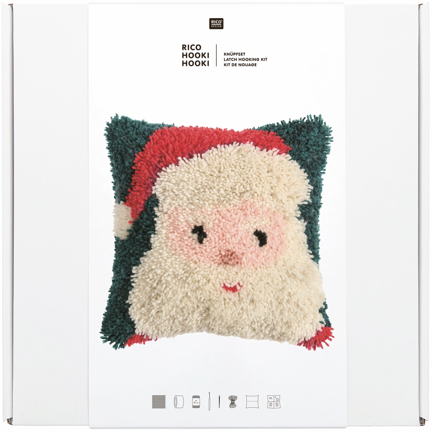 Rico Hooki Hooki Knüpfset Kissen Santa 40x40cm von Rico Design Rico Hooki Hooki Knüpfset Kissen Santa zeigt ein weihnachtliches Kissen mit Santa-Motiv.