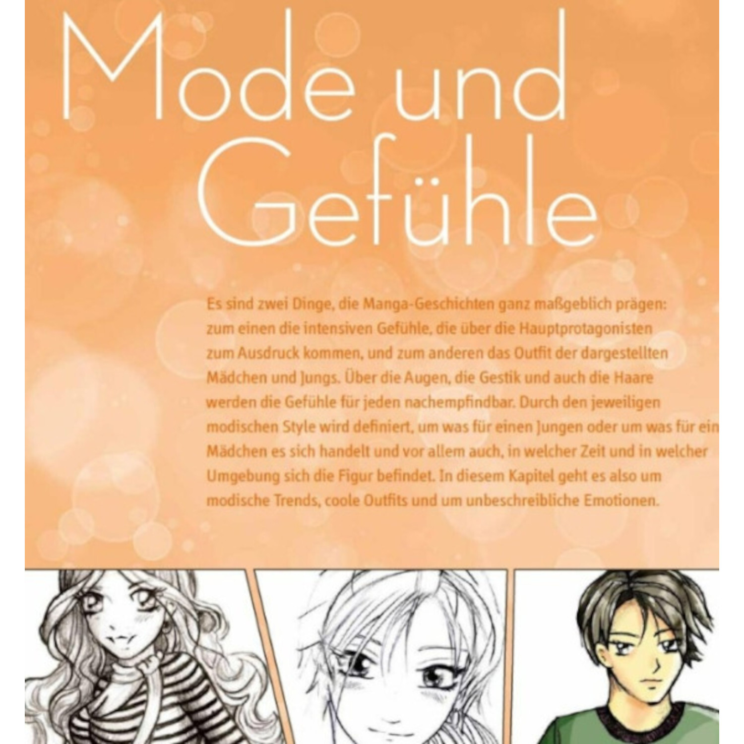 Manga Step by Step: Mode und Gefühle. Drei Manga-Charaktere in verschiedenen Outfits und Stilen.