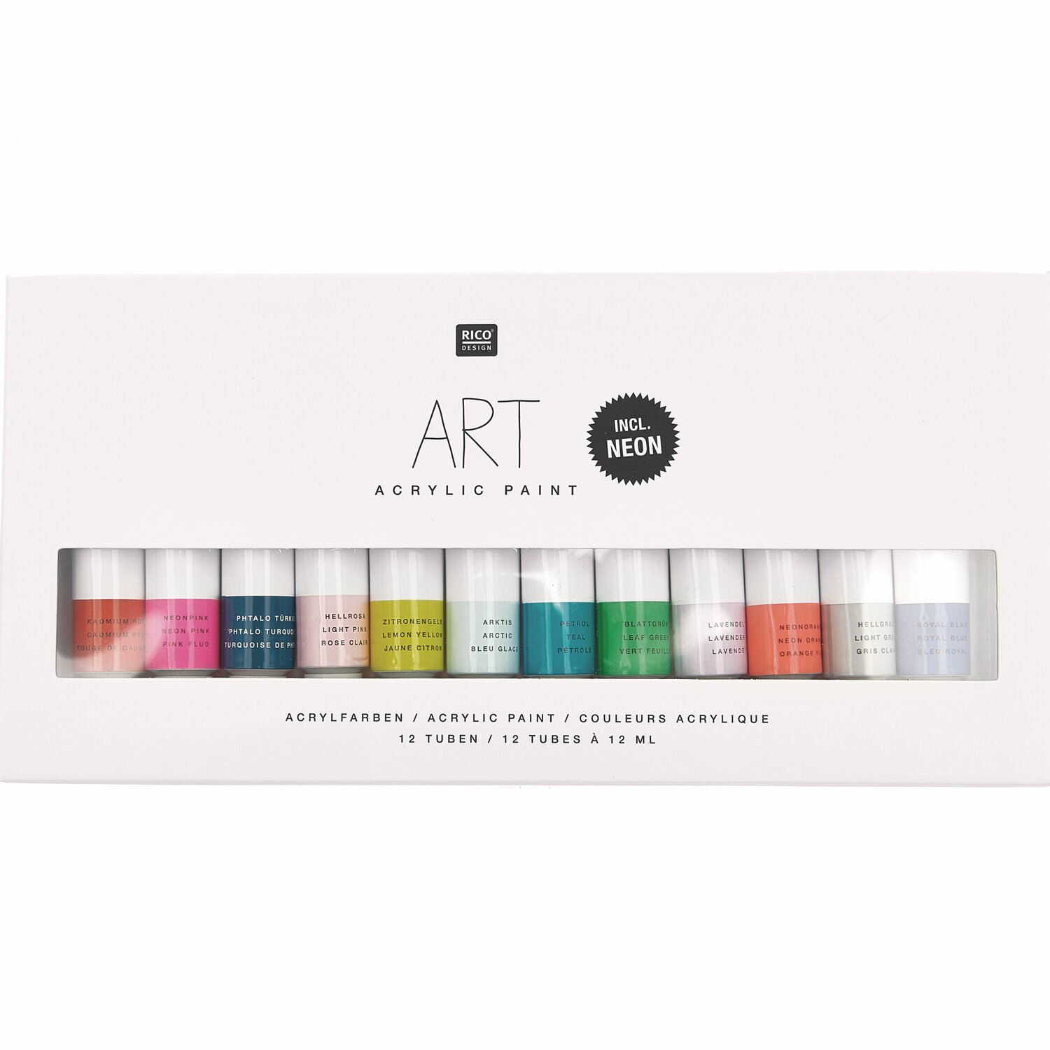 ART Künstler Acrylfarben-Set Fashion 12x12ml zeigt bunte Tuben in einer weißen Verpackung.