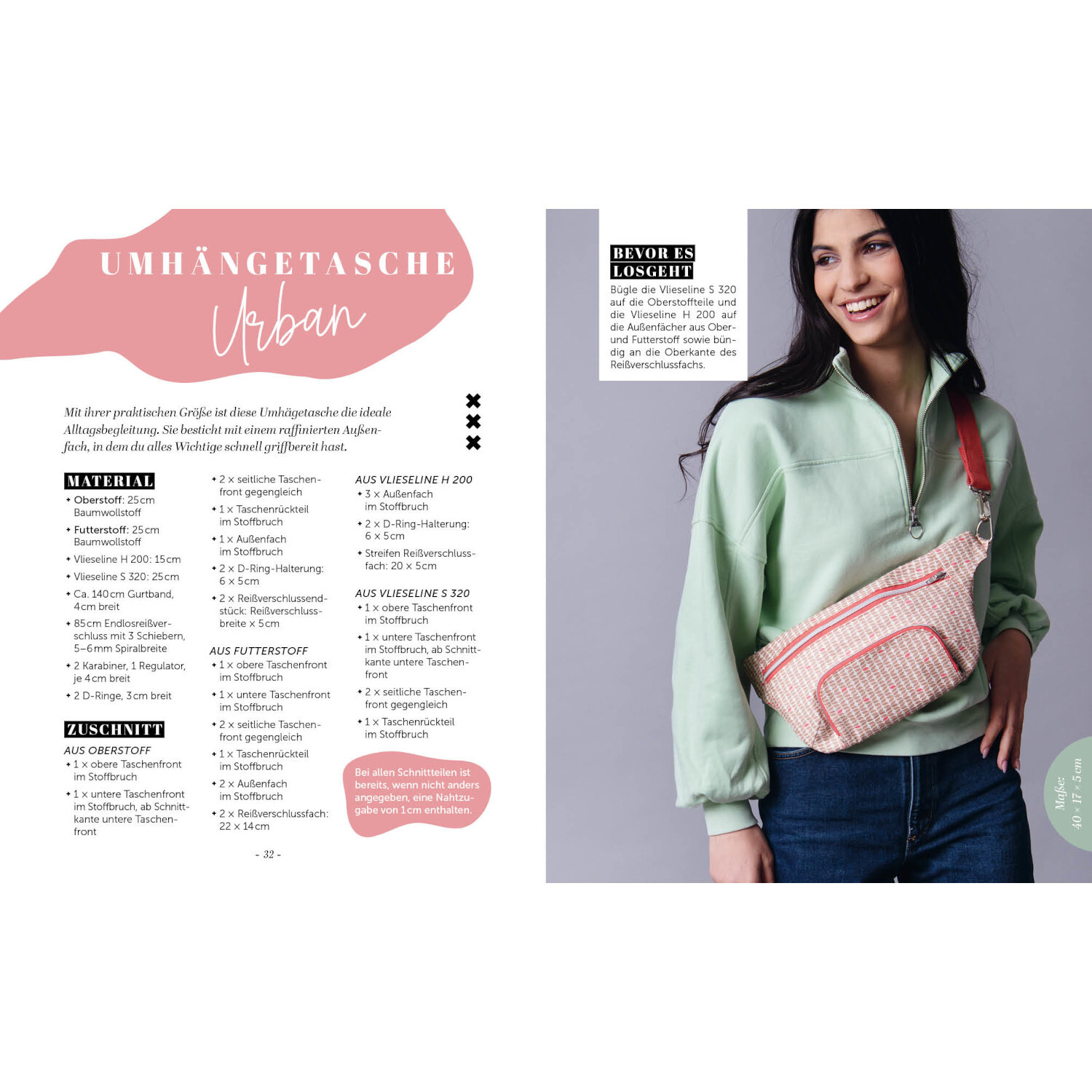 Bauchtasche nähen von Edition Michael Fischer  Umhängetasche Urban: Frau in mintgrünem Pullover trägt gestreifte Tasche. Anleitung von EMF.