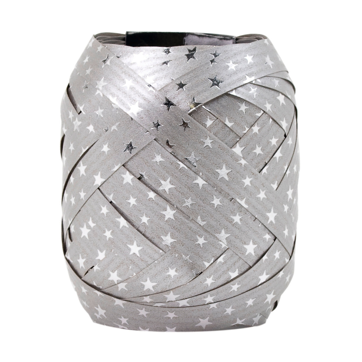 Geschenkband Spacetime, silber mit Sternenmuster, 10mmx12m. Ideal für festliche Dekorationen.