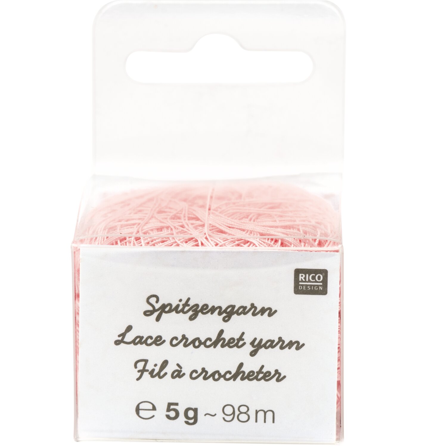 Spitzengarn, feines Häkelgarn in zartem Ton, Marke Rico Design, Aufdruck mit Angaben 5g 98m in transparenter Würfelverpackung für filigrane Lace-Projekte