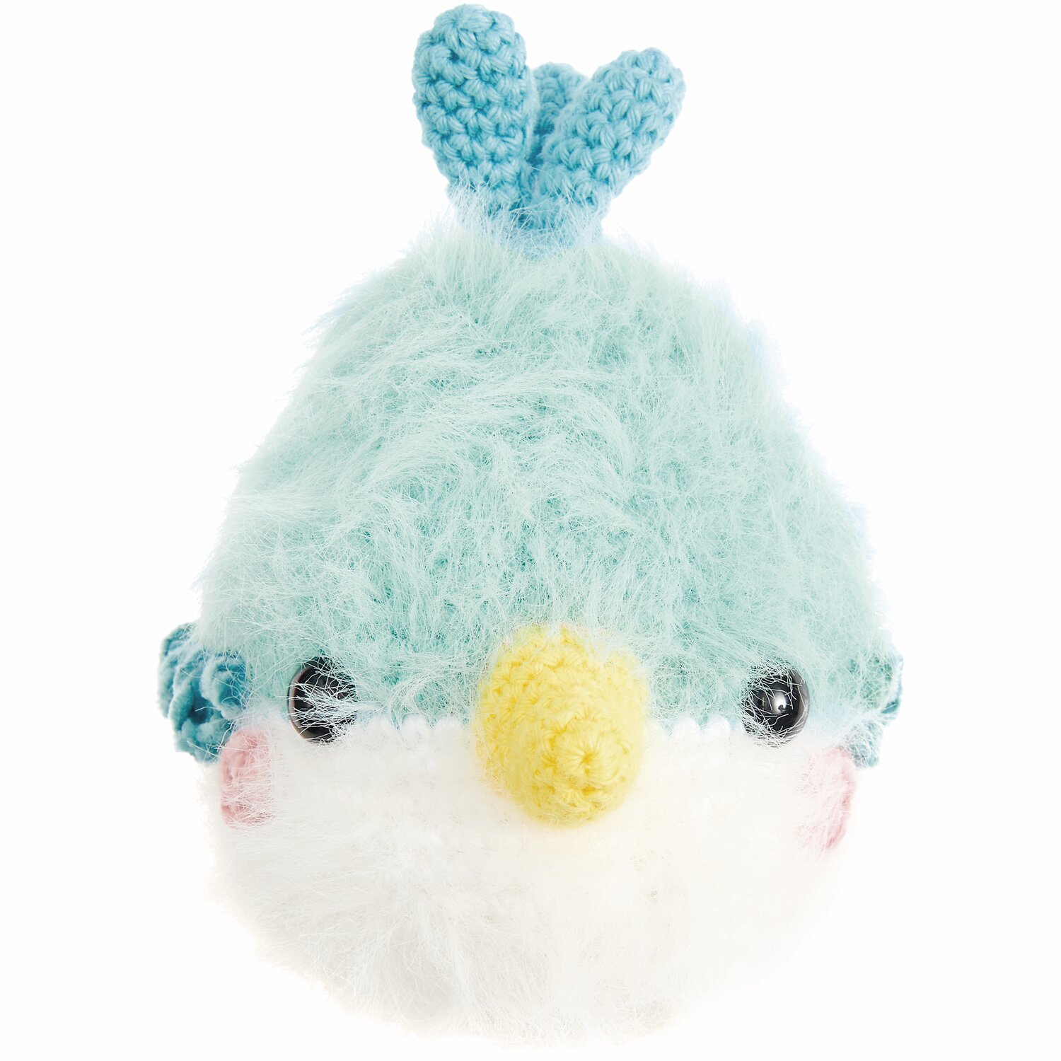 Ricorumi Furry Furry 25g 175m Farbe Weiß von Rico Design Ricorumi Furry Animals, ein flauschiges, türkisfarbenes Häkelspielzeug mit gelbem Schnabel und Sicherheitsaugen in Schwarz.