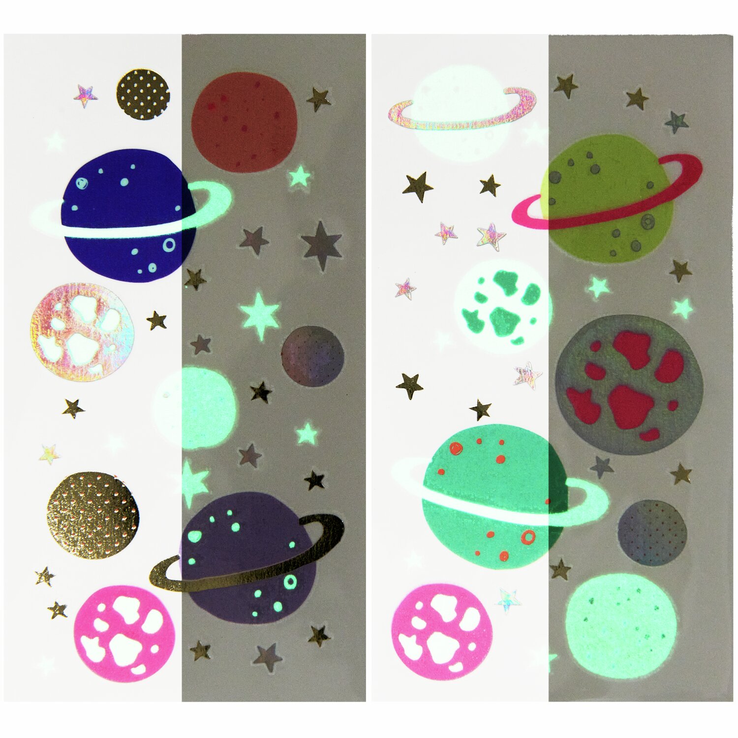 Tattoos Universum: 63-teiliges Set mit bunten Planeten und Sternen, ideal für kreative Designs.