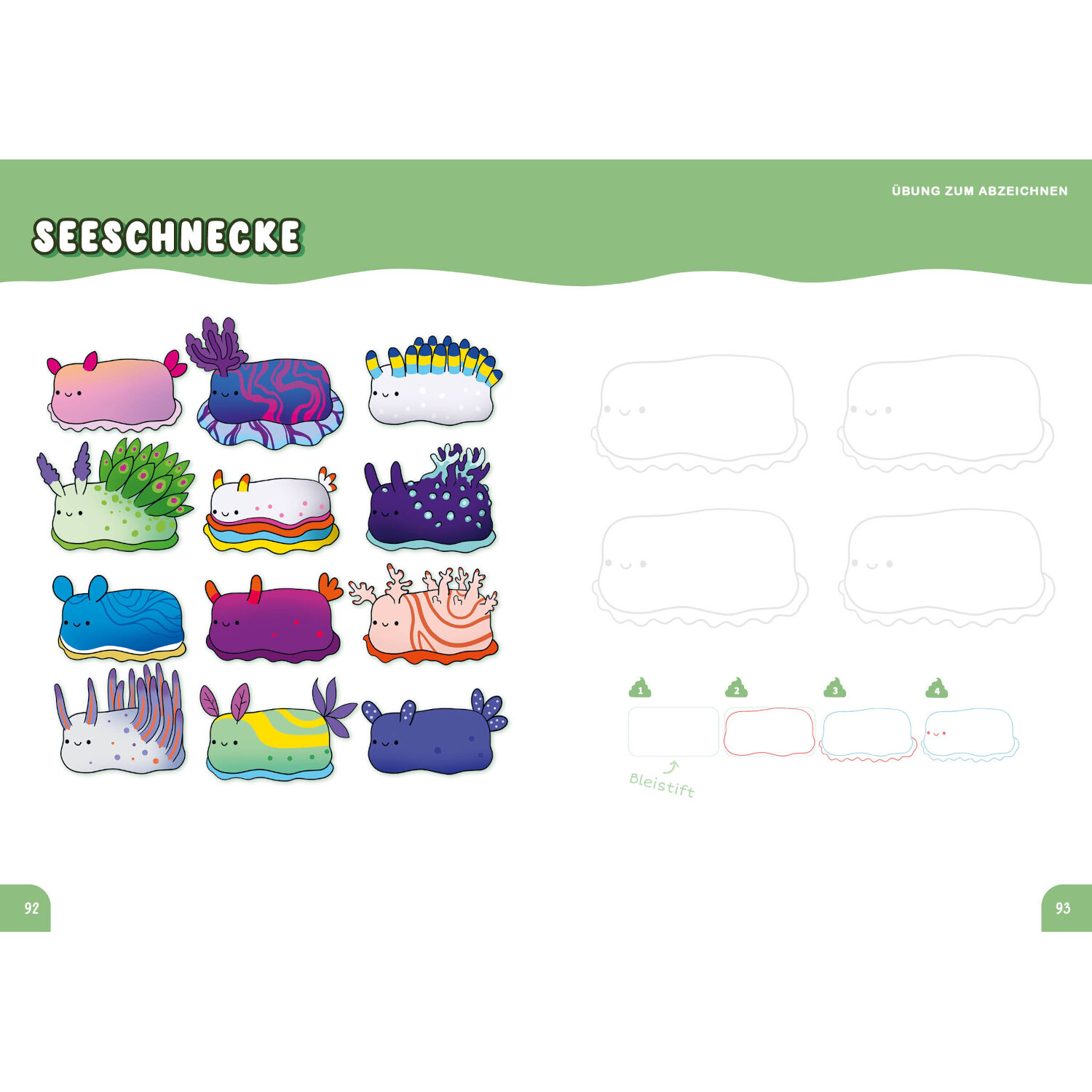 Die Kawaii-Zeichenschule – Trashy but Cute: Bunte Seeschnecken-Illustrationen zum Nachzeichnen auf weißem Hintergrund.