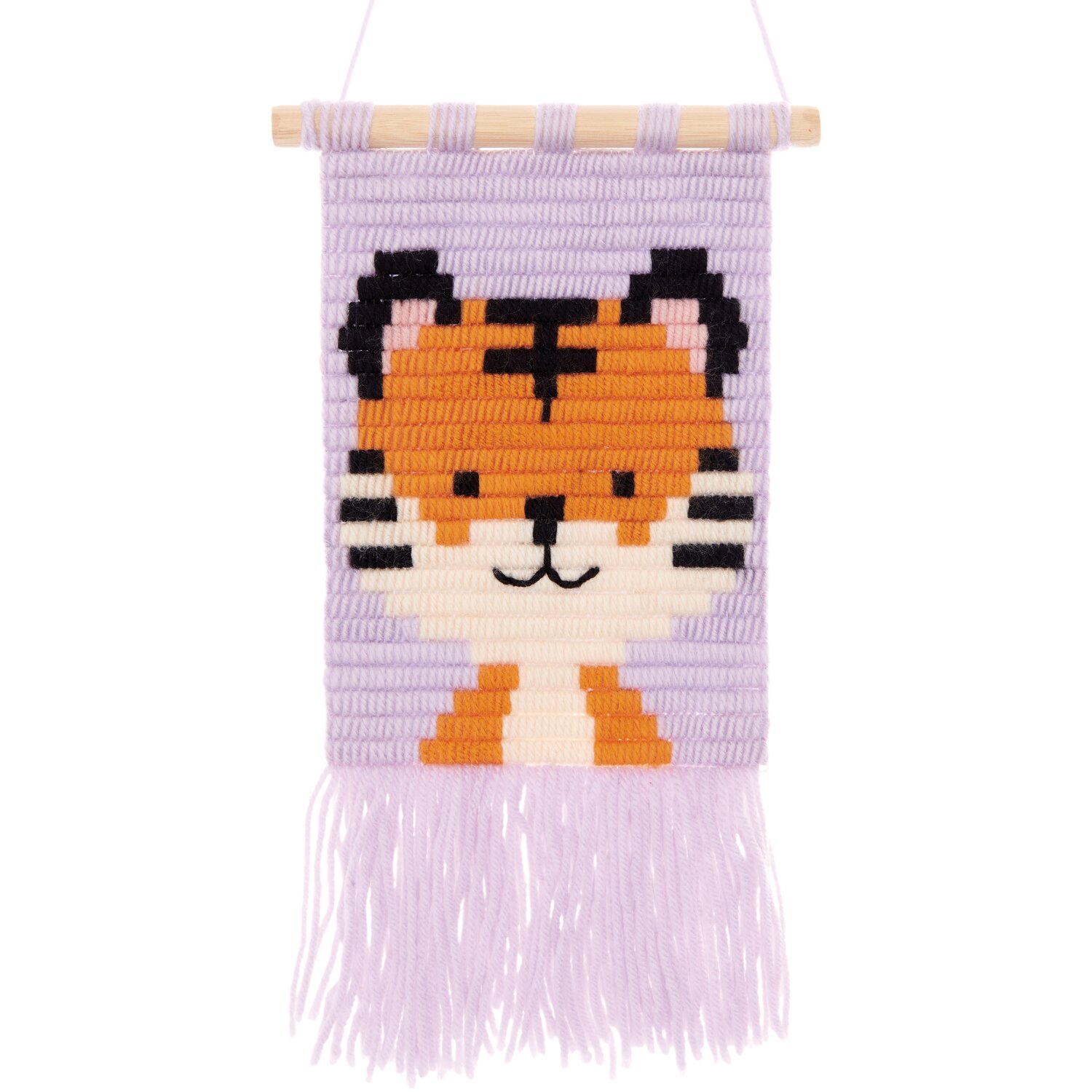 Longstitch Stickpackung Tiger: Niedliches Tiger-Motiv auf lila Hintergrund, 18x30cm.