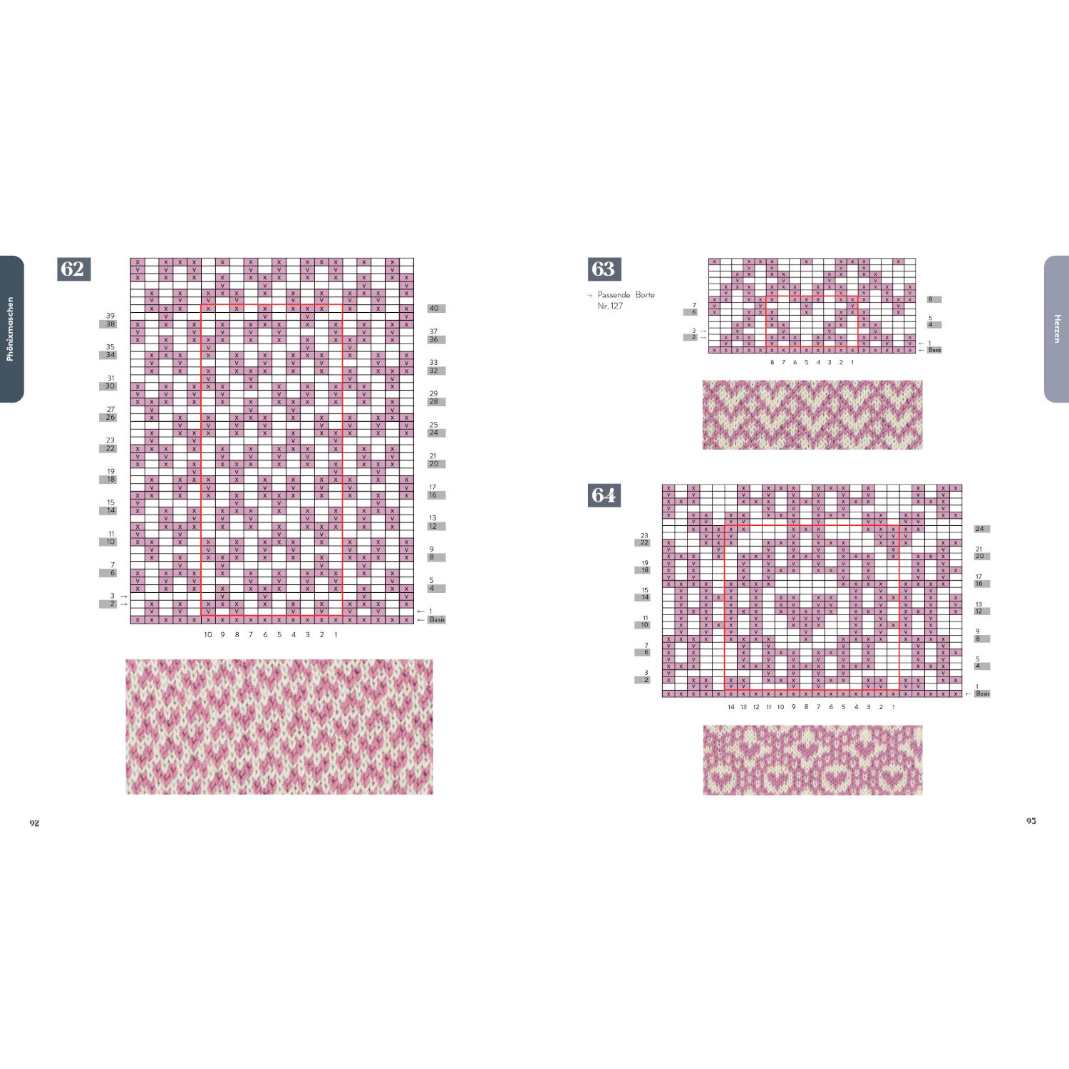 Strickmusterbibel - Hebemaschen: Verschiedene Strickmuster in Rosa und Weiß auf zwei Seiten.