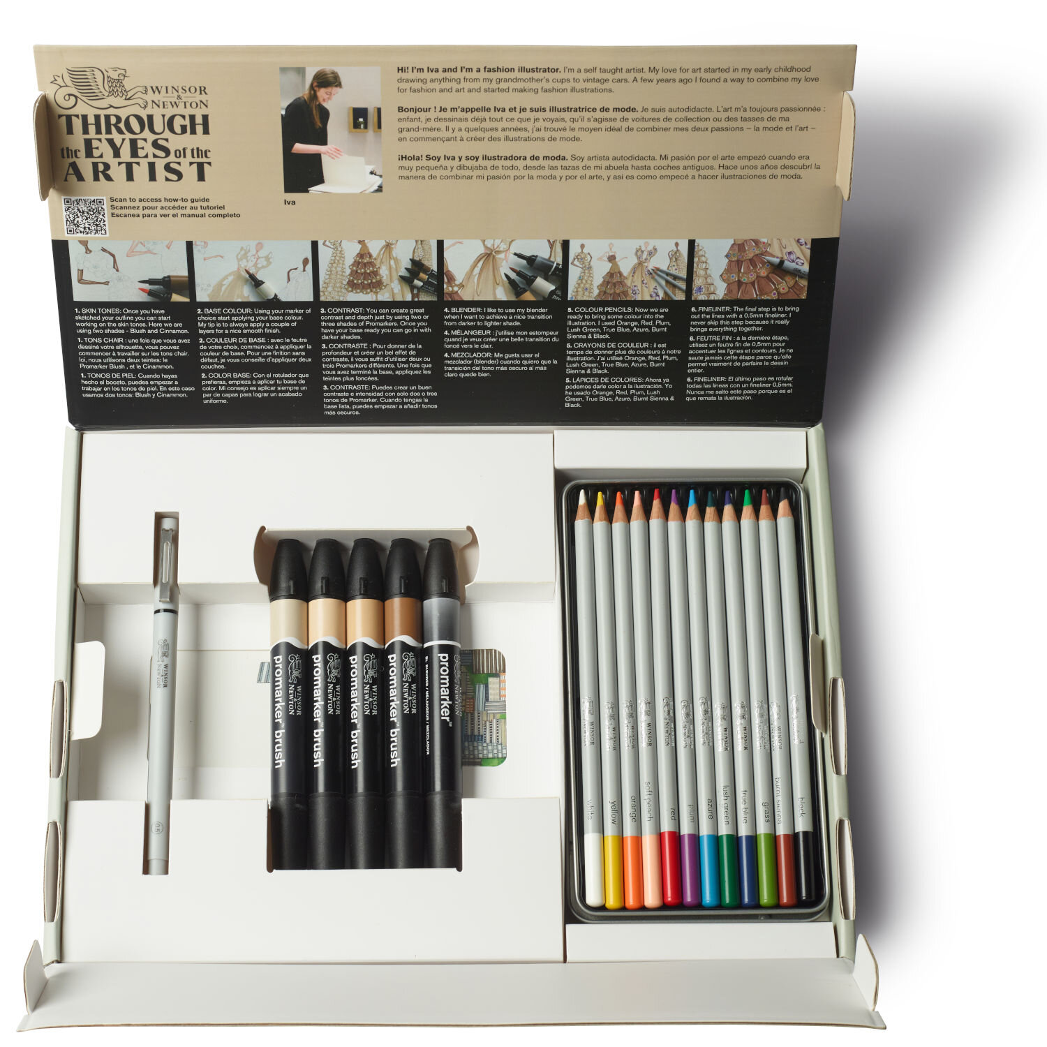 Mixed Media Fashion Set mit Winsor & Newton Stiften, Markern und Zubehör in geöffneter Box, ideal zum farbintensiven Modezeichnen und kreativen Skizzieren