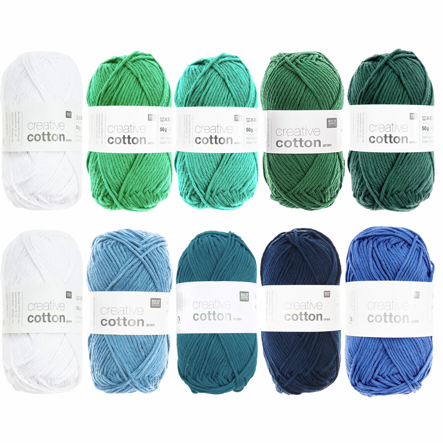 Wollpaket Creative Cotton aran Aqua Colours: Zehn Knäuel in Blau- und Grüntönen, 50g.