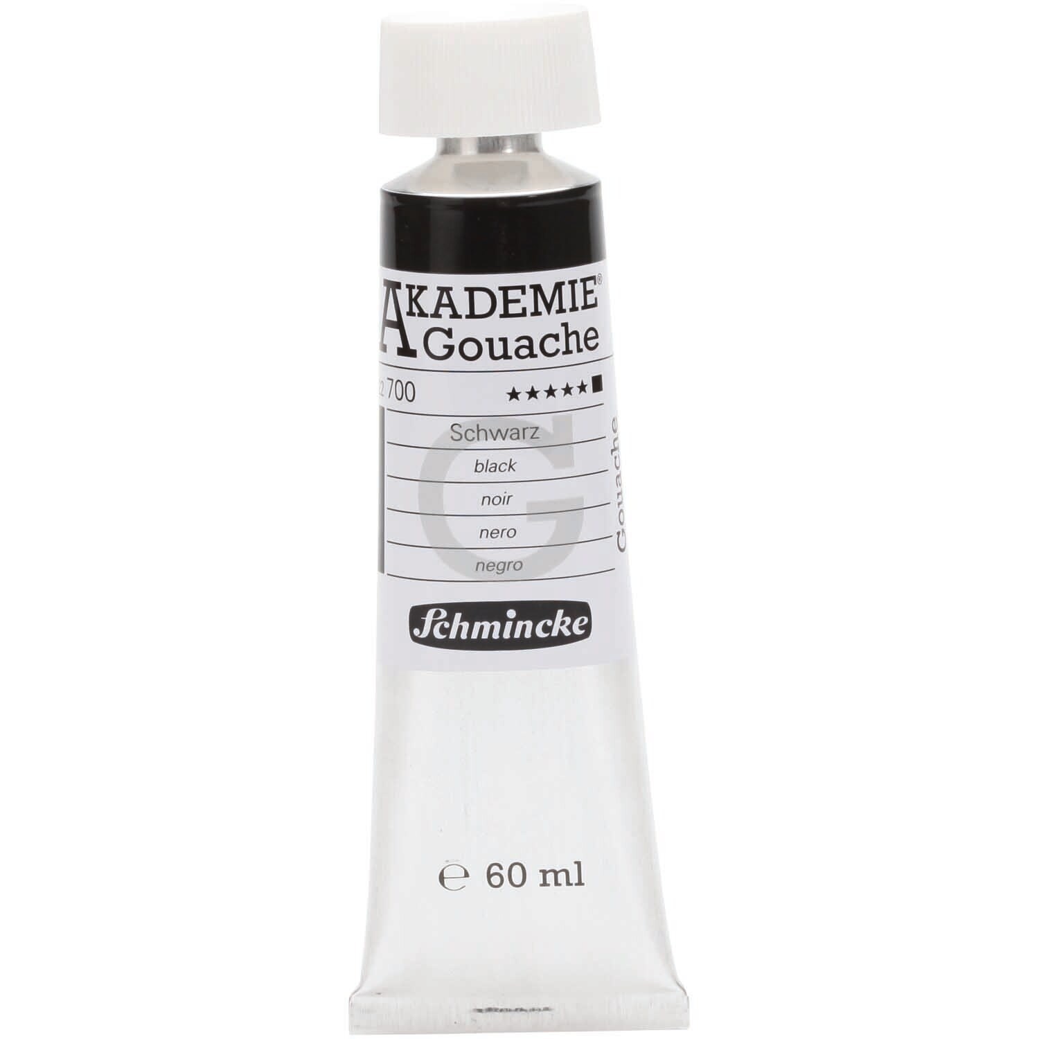 Akademie Gouache 60ml von Schmincke in Schwarz, abgebildet in einer Tube mit weißem Verschluss.