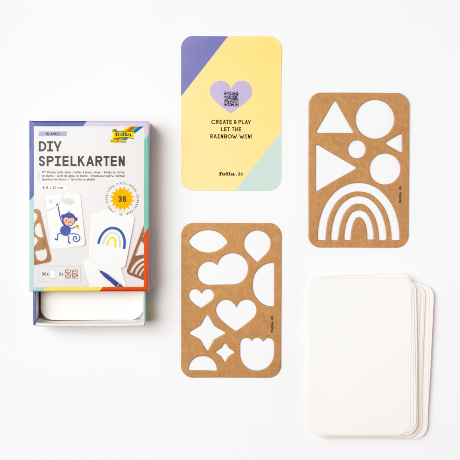 Spielkarten zum Gestalten 6,5x10cm, 36 Stück, Weiß. Enthält Schablonen mit Formen und leere Karten für kreative Designs. Ideal für DIY-Projekte.