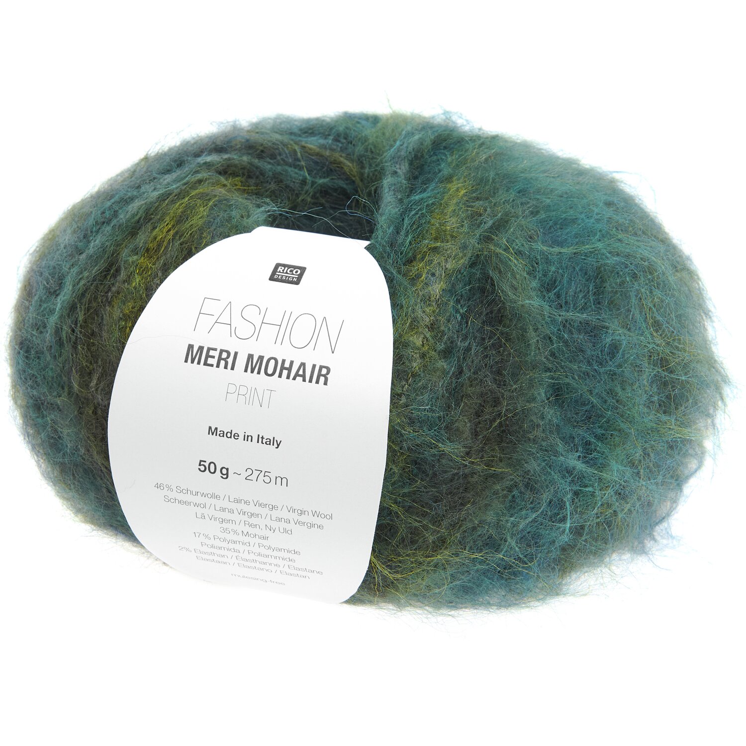 Fashion Meri Mohair Print: Weiches Garn in Blau- und Grüntönen, 50g, 275m, ideal für Strickprojekte.
