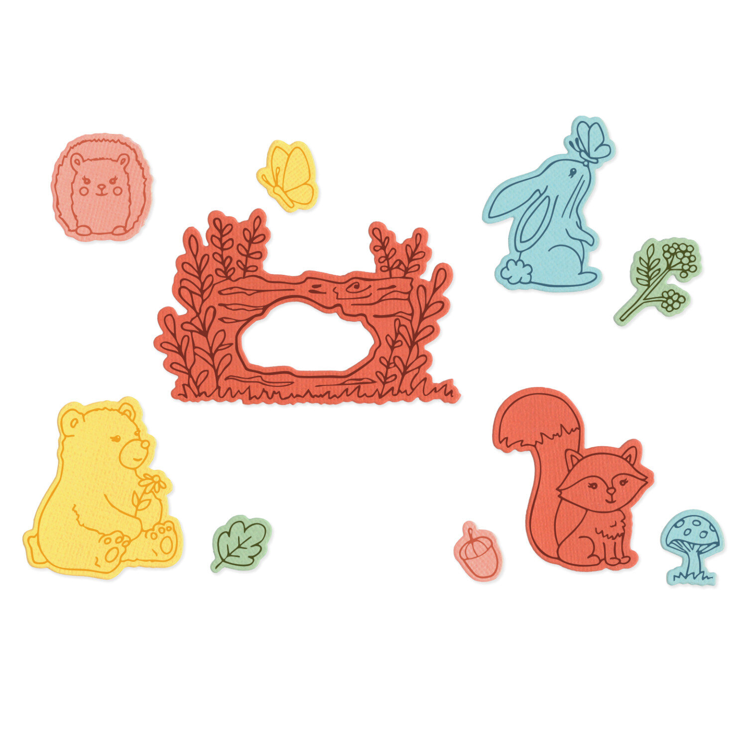 Sizzix Clear Stamps/Framelits Forest Friends Set 10 Stk zeigt bunte Stempel und Stanzen mit Waldtieren, Baumrahmen, Pilz, Blättern sowie Eichel für Kartenbastler