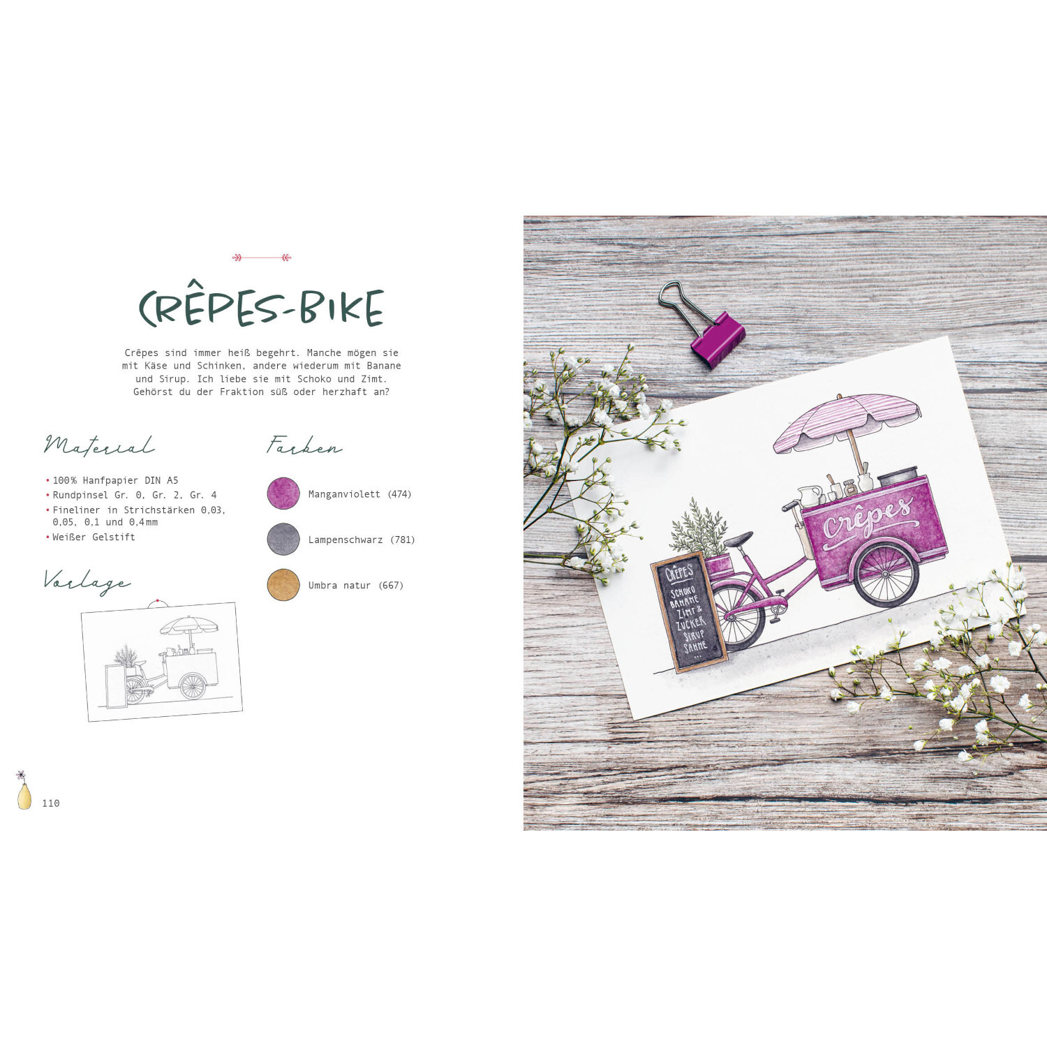 Watercolor - Little Shops: Illustration eines rosa Crêpes-Bikes auf Holzuntergrund mit Blumen.