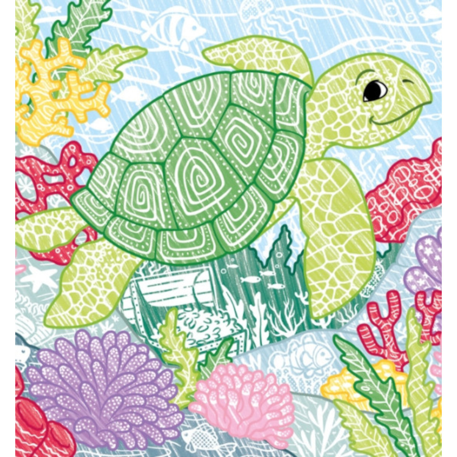 Zauberpapier Malbuch - Strand und Meer: Bunte Schildkröte schwimmt über Korallenriff im Ozean.