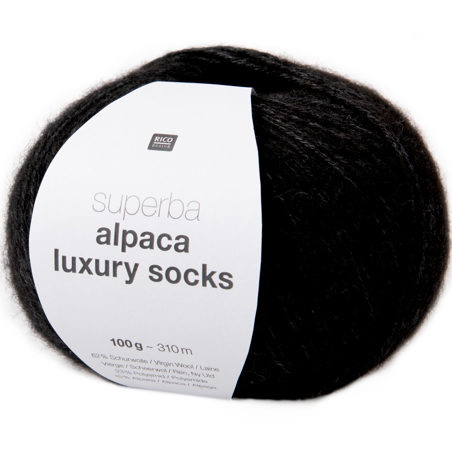 Superba Alpaca Luxury Socks, weiches Garnknäuel von Rico Design, 100g 310m, dunkler Ton für luxuriöse Socken- und Strickprojekte sichtbar auf Banderole