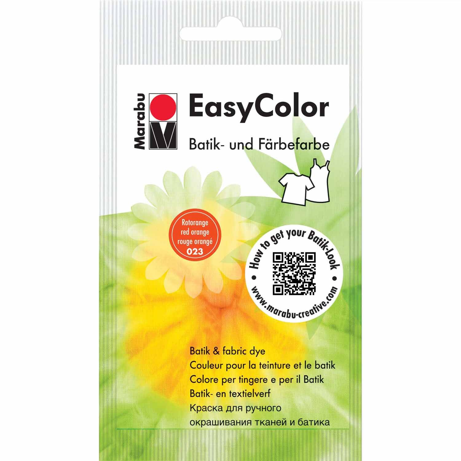 EasyColor Batik- und Färbefarbe von Marabu in Rotorange, 25g Packung mit Blumenmotiv.