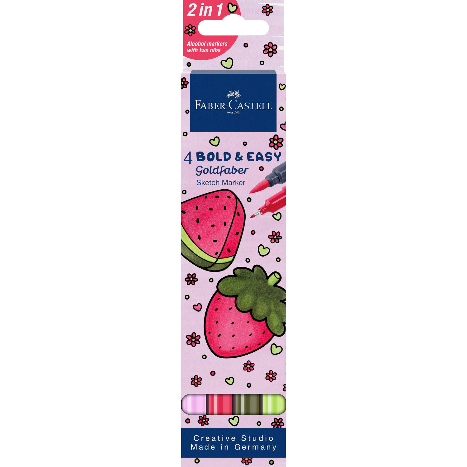 Goldfaber Sketch Marker Bold Easy Set I, 4 Stück. Faber Castell Marker in bunter Verpackung mit Fruchtmotiven. Ideal für kreative Projekte.