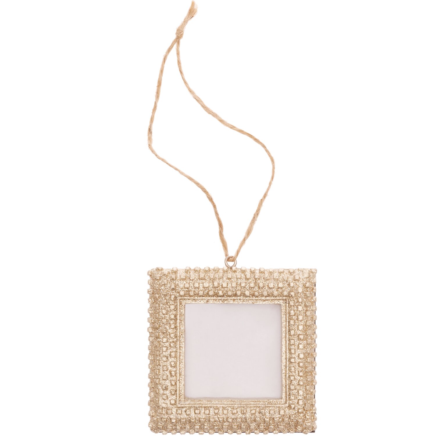 Hänger Bilderrahmen aus Polyresin gold 7x7cm mit dekorativem Muster und Aufhängeschnur.