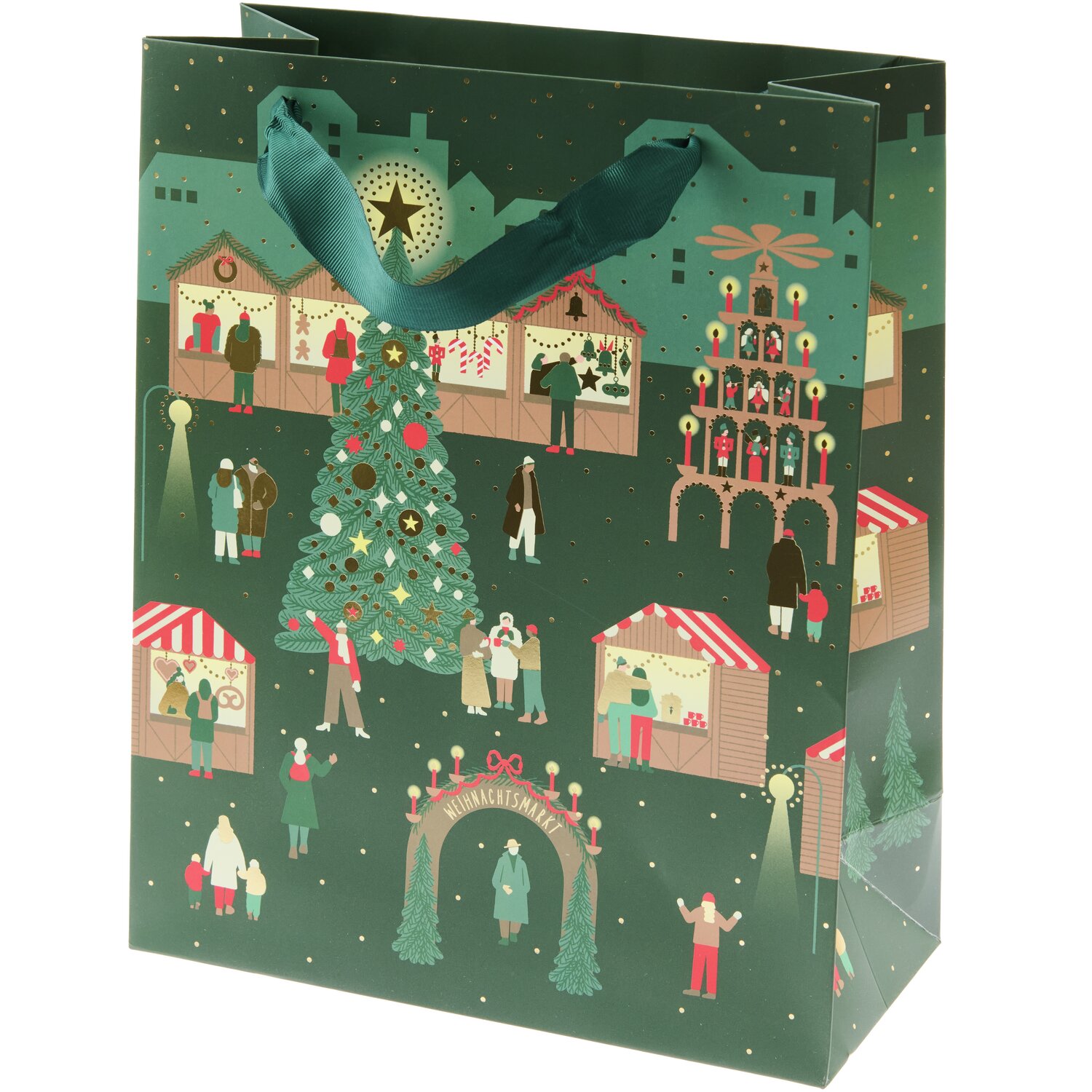 Geschenktüte Weihnachtsmarkt L mit festlichem Weihnachtsmarkt-Motiv, ideal für Geschenke.
