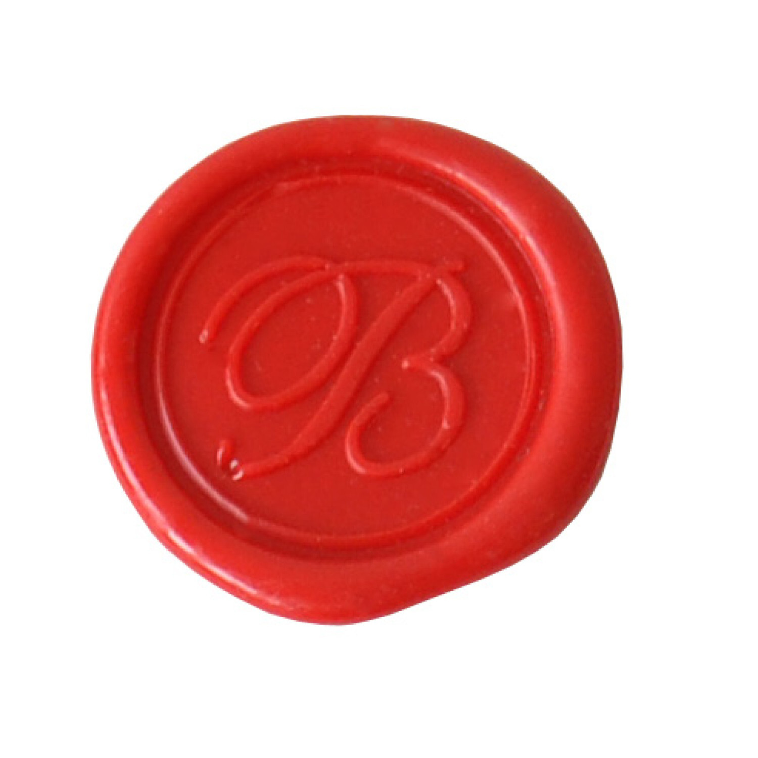 Siegelplatte Buchstabe: Rotes Wachssiegel mit geprägtem Buchstaben auf weißem Hintergrund.