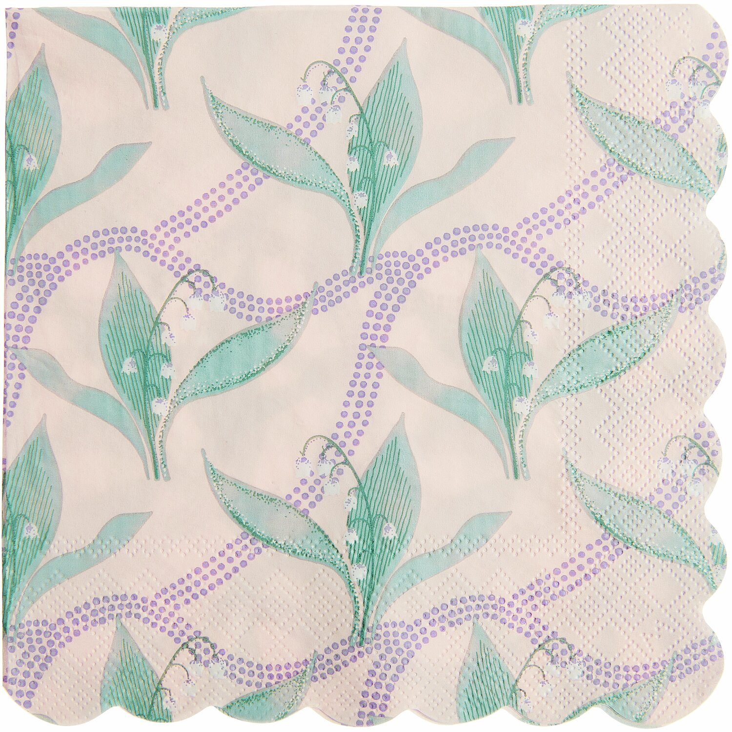 Servietten Schneeglöckchen 20 Stück mit zartem Blumenmuster in Grün und Lila, 32x29,5cm. Ideal für elegante Tischdekorationen.