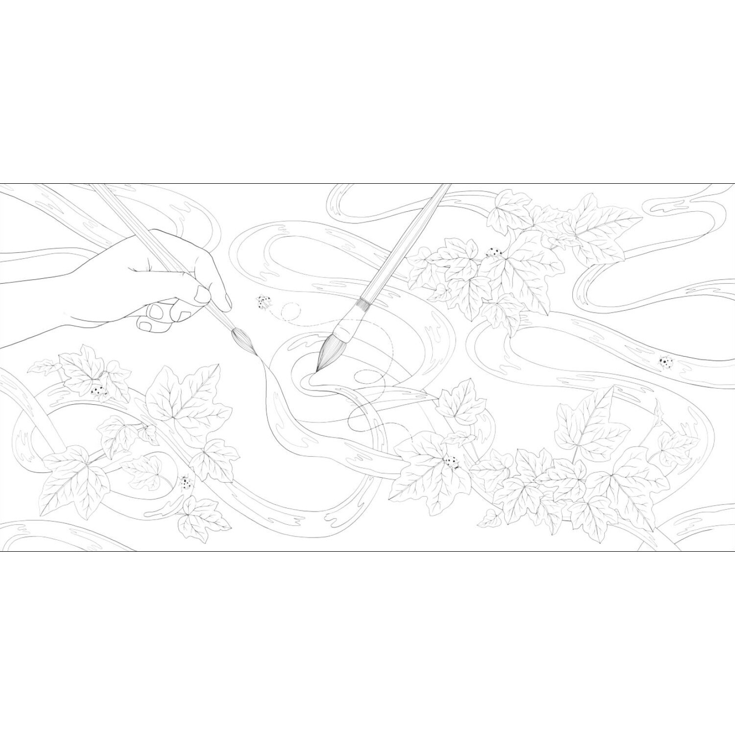 Mindful Moments - Ein atmosphärisches Ausmalbuch für Erwachsene zeigt eine Hand beim Malen von Blättern und geschwungenen Linien.