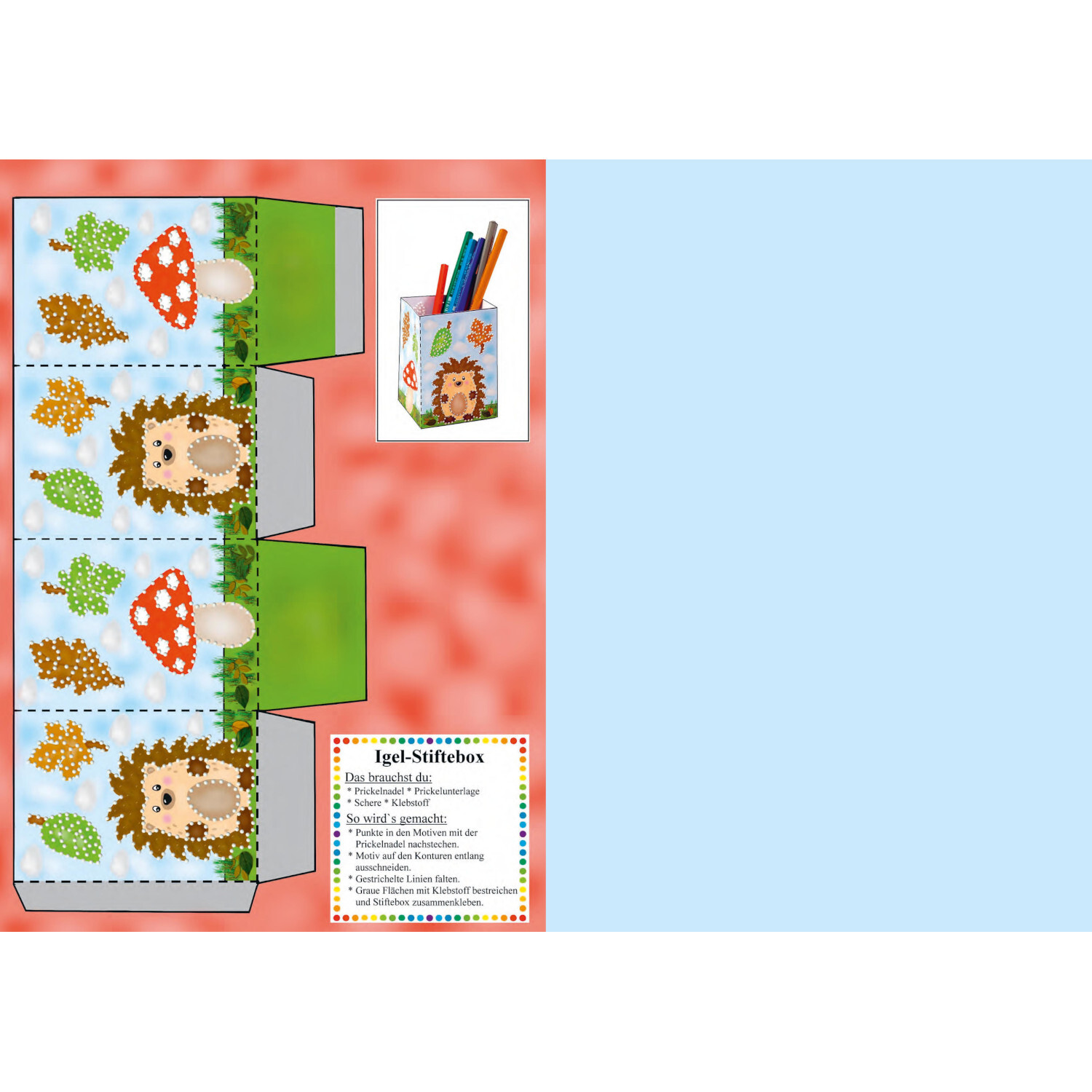 Mein Prickel-Bastelbuch von Christophorus Verlag in der Christan Verlag Mein Prickel-Bastelbuch: Igel-Stiftebox Bastelvorlage mit bunten Igel- und Pilzmotiven, ideal für kreative Kinderprojekte.
