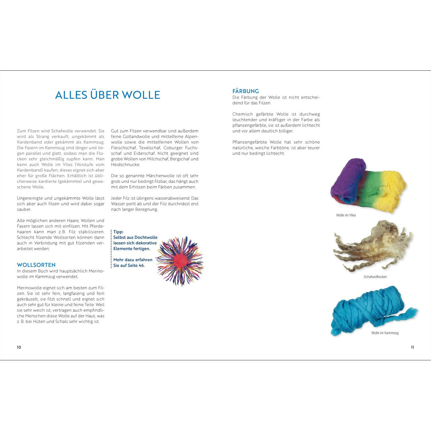 Das große Buch vom Filzen: Doppelseite über Wolle mit bunten Wollproben, Christophorus Verlag.