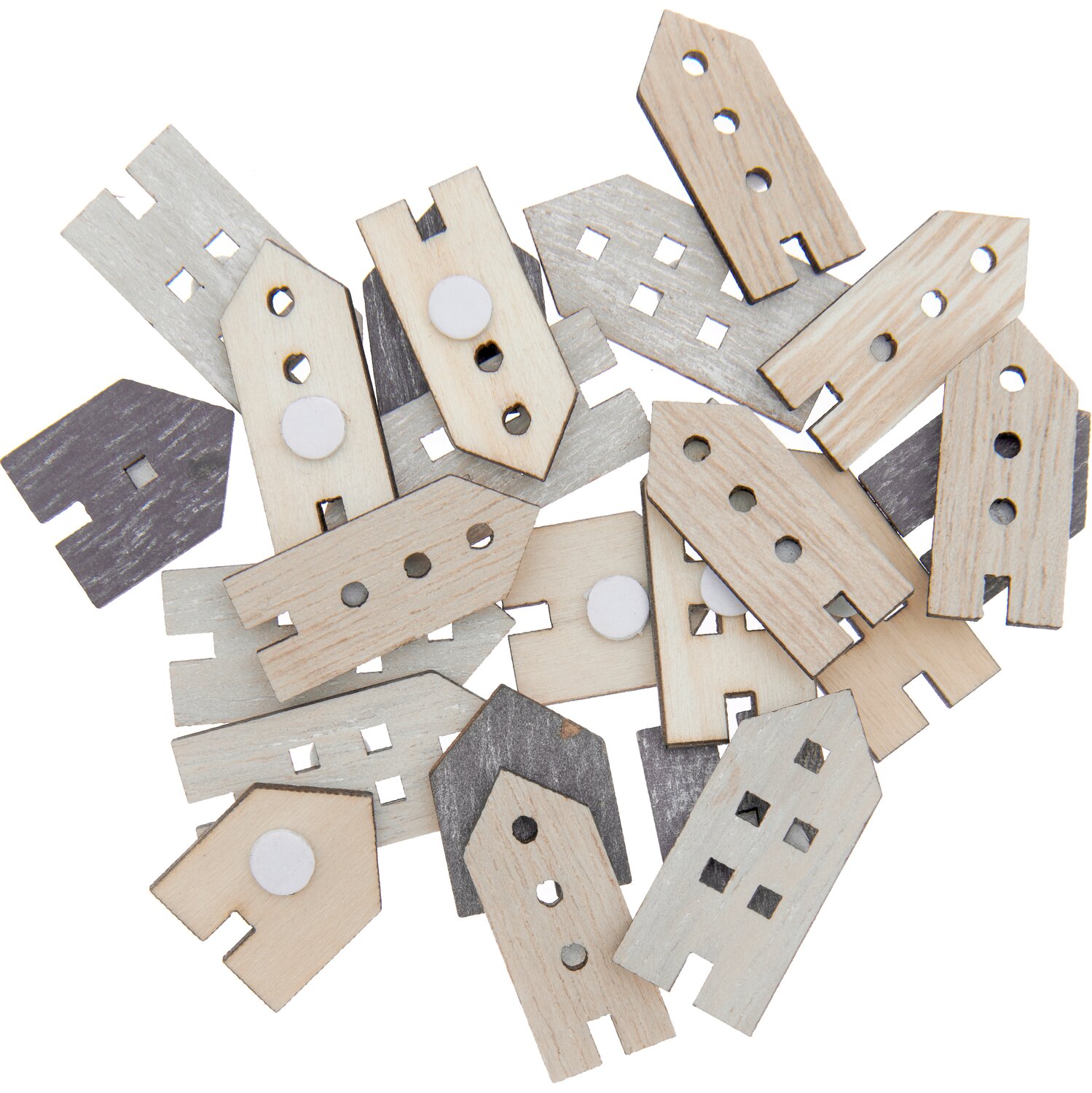 Holzsticker Hafenstadt Mix natur 24 Stück: Kleine, naturfarbene Holzsticker in Hausform, ideal für kreative Bastelprojekte.