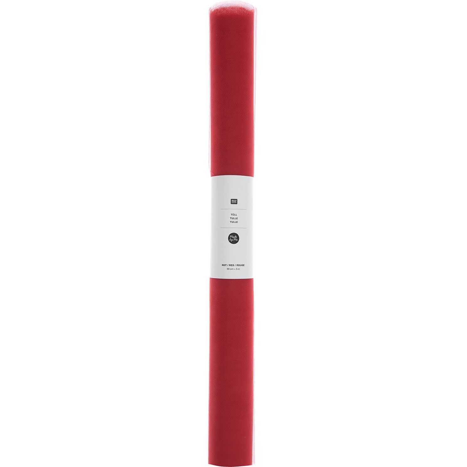 Tüll 50cm 5m Farbe Rot von Rico Design Tüll 50cm 5m von Rico Design in leuchtendem Rot, aufgerollt und bereit für kreative Projekte.